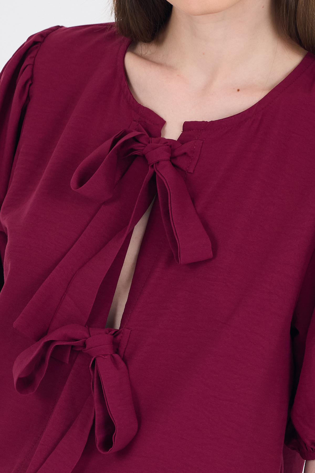 Bordo Bağlama Detaylı Balon Kollu Bluz 4334A - 4