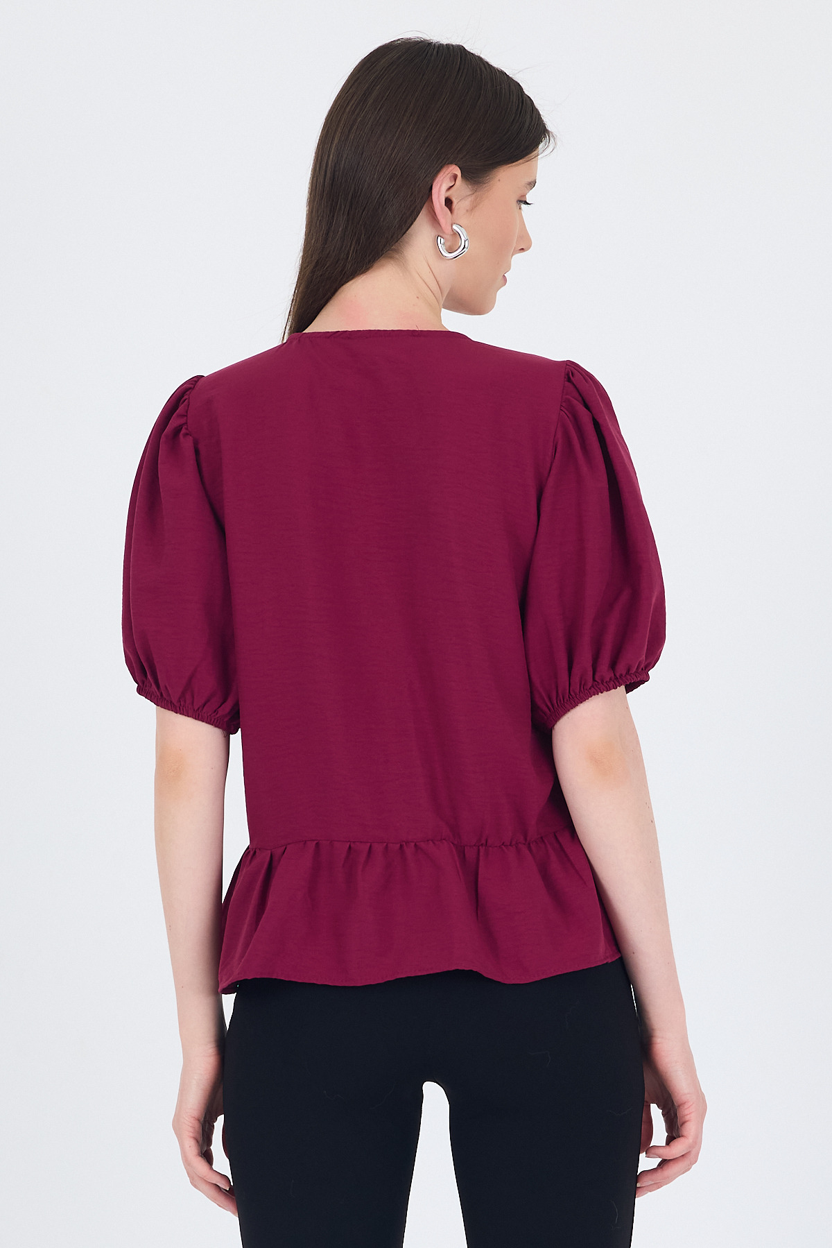 Bordo Bağlama Detaylı Balon Kollu Bluz 4334A - 5