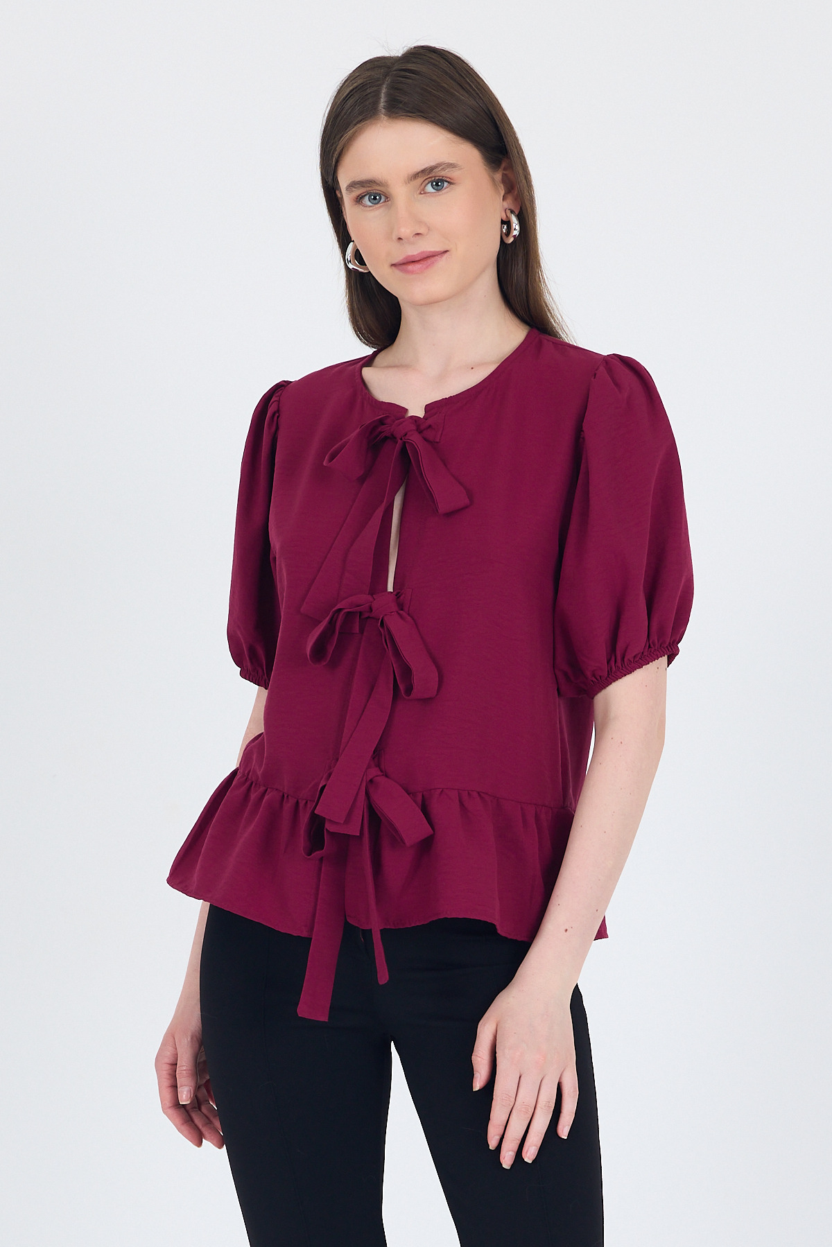 Bordo Bağlama Detaylı Balon Kollu Bluz 4334A - 6