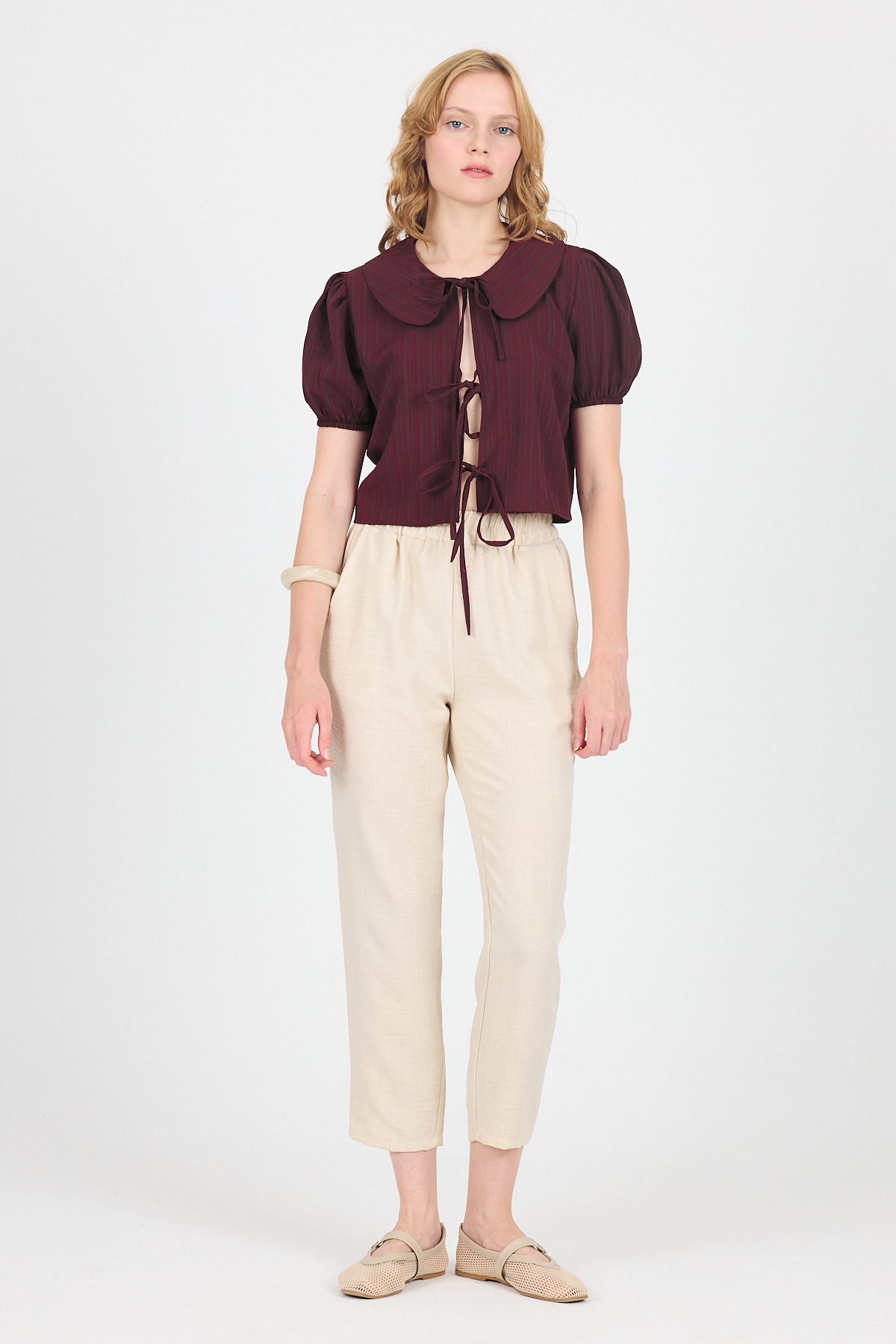 Bordo Bağlama Detaylı Bebe Yaka Crop Bluz 8064 - 3