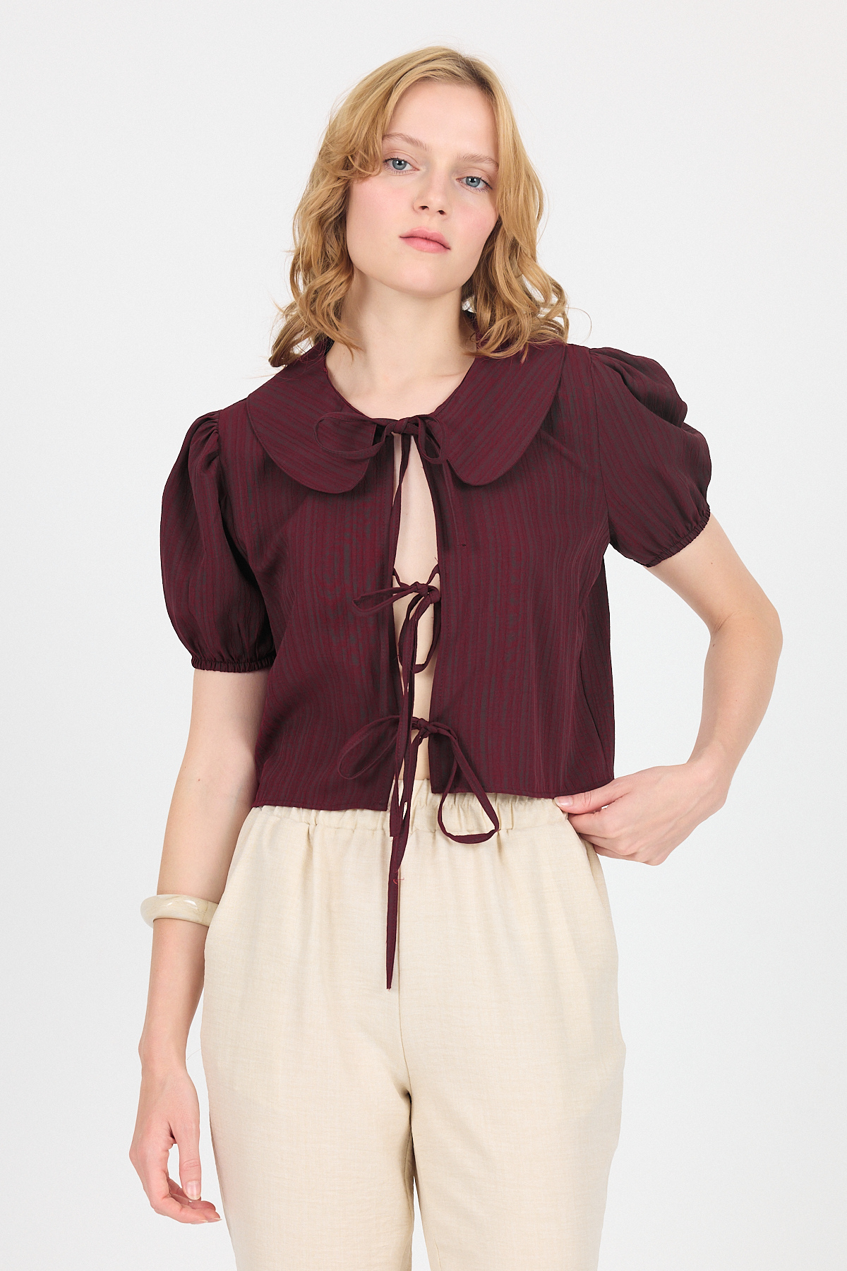 Bordo Bağlama Detaylı Bebe Yaka Crop Bluz 8064 - 6