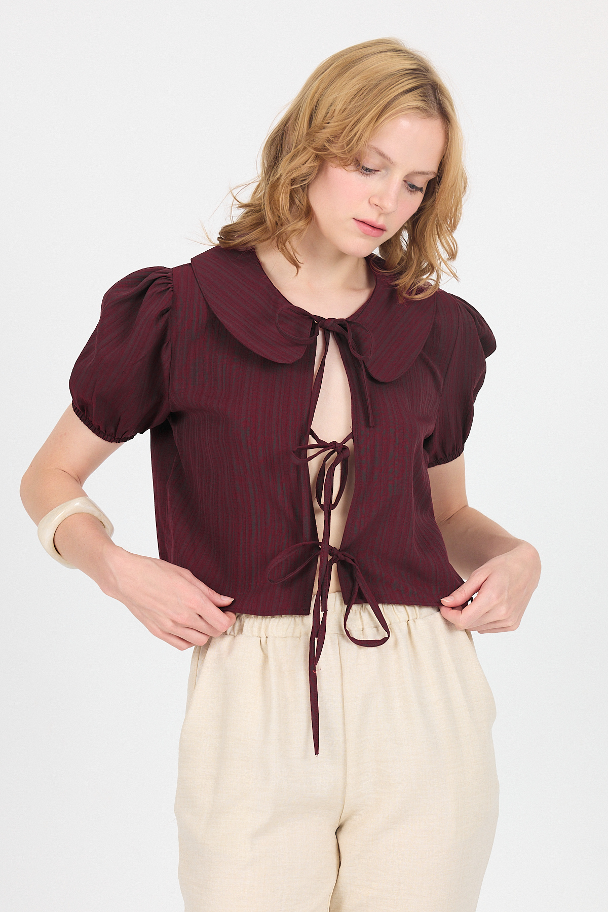 Bordo Bağlama Detaylı Bebe Yaka Crop Bluz 8064 - 7