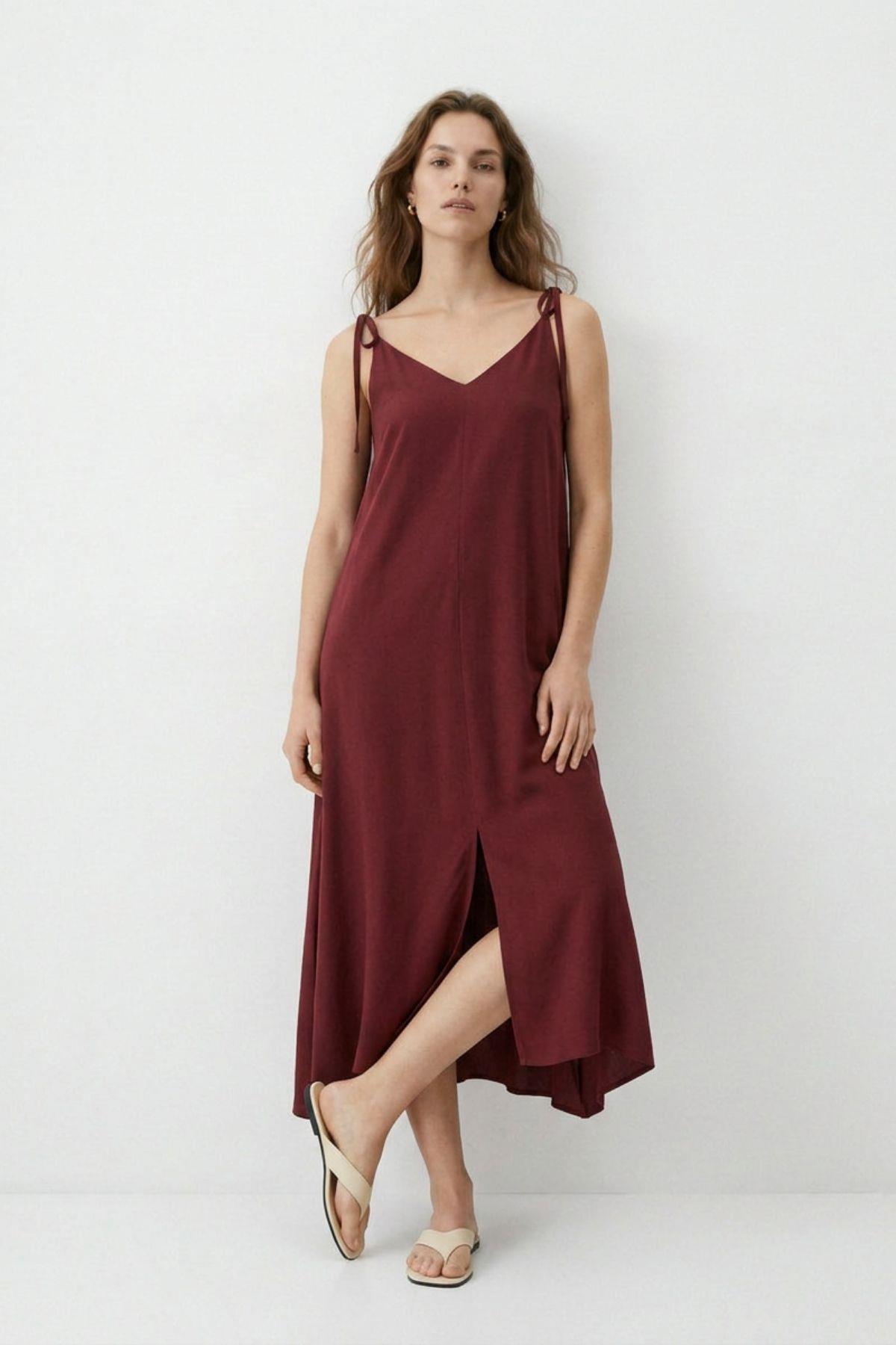 Bağlamalı Askılı Elbise 3653 Bordo - RAYS
