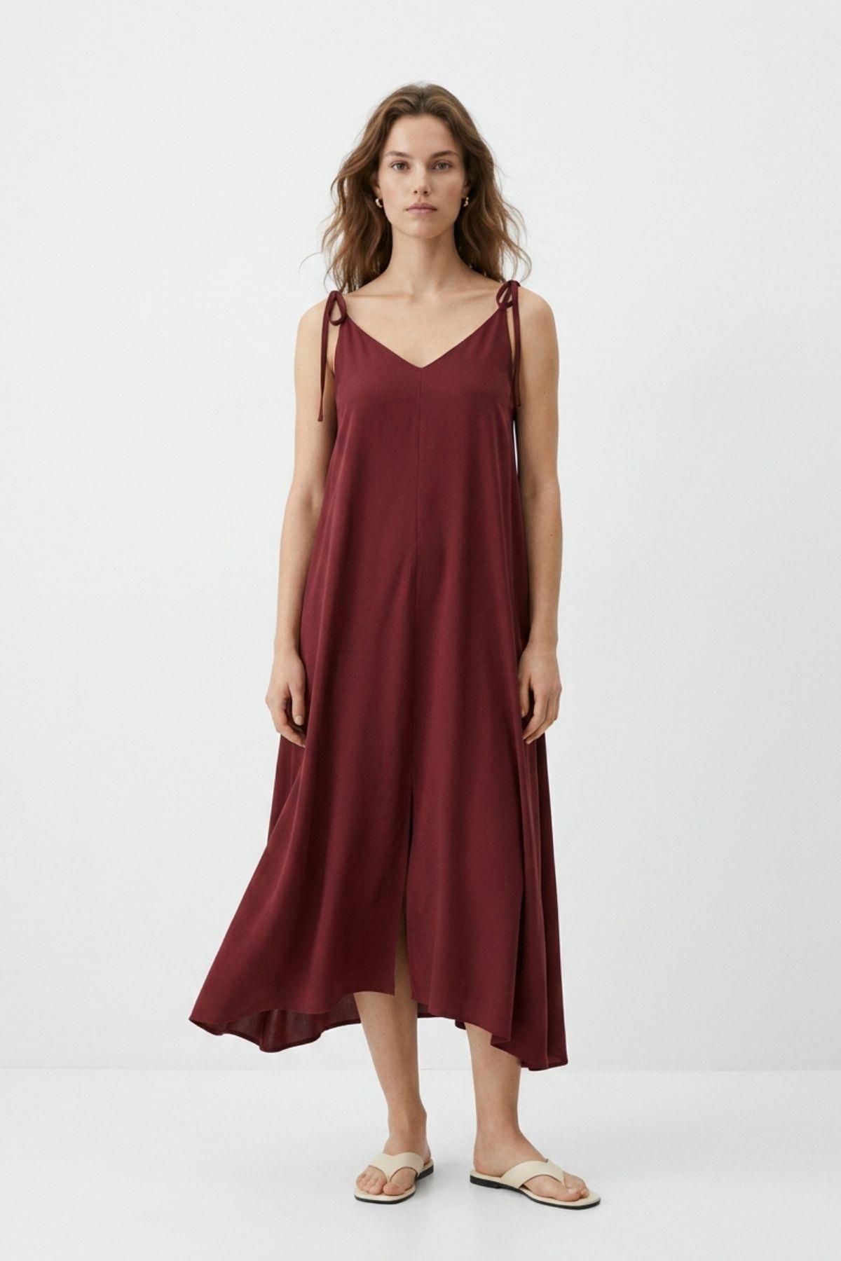 Bağlamalı Askılı Elbise 3653 Bordo - RAYS