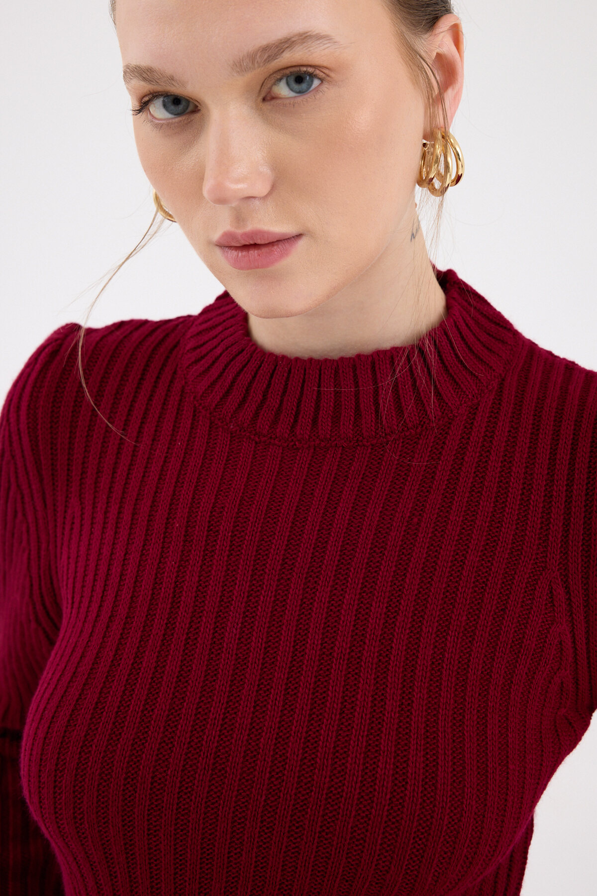 Bordo Balıkçı Yaka Triko Mini Elbise 1907 - RAYS