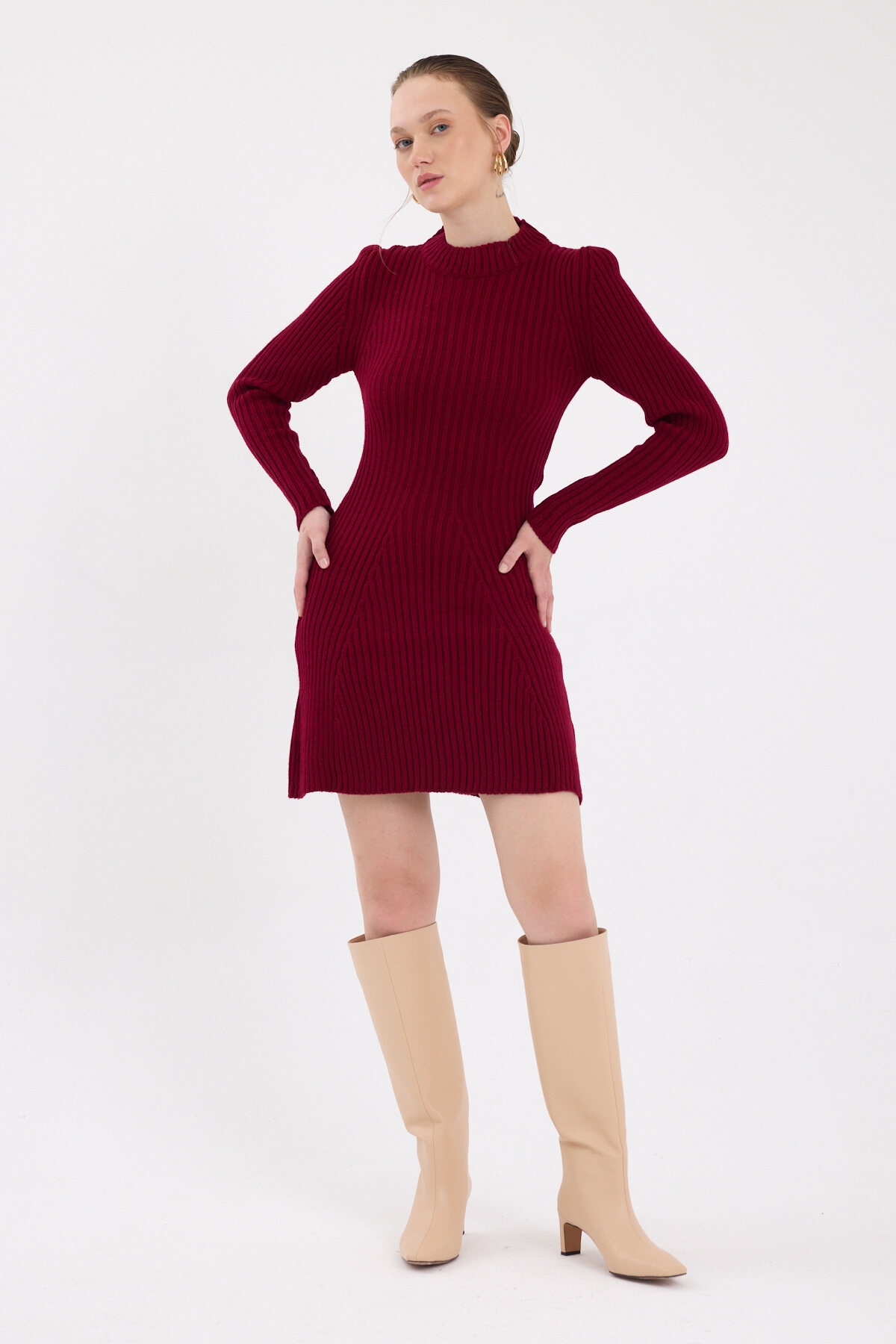 Bordo Balıkçı Yaka Triko Mini Elbise 1907 - 2