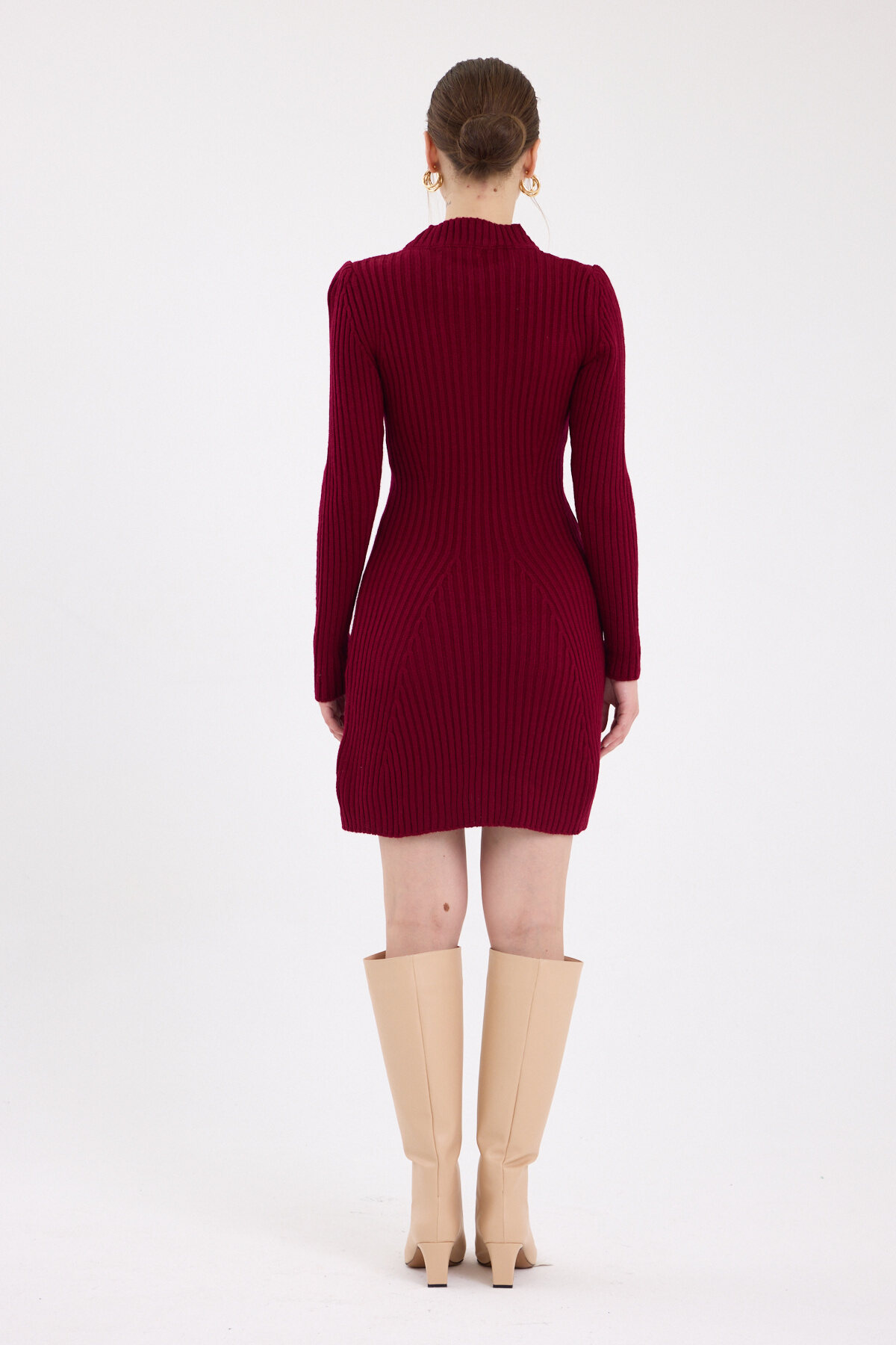 Bordo Balıkçı Yaka Triko Mini Elbise 1907 - 5