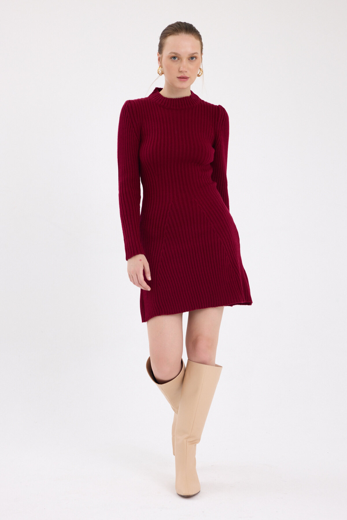 Bordo Balıkçı Yaka Triko Mini Elbise 1907 - 6