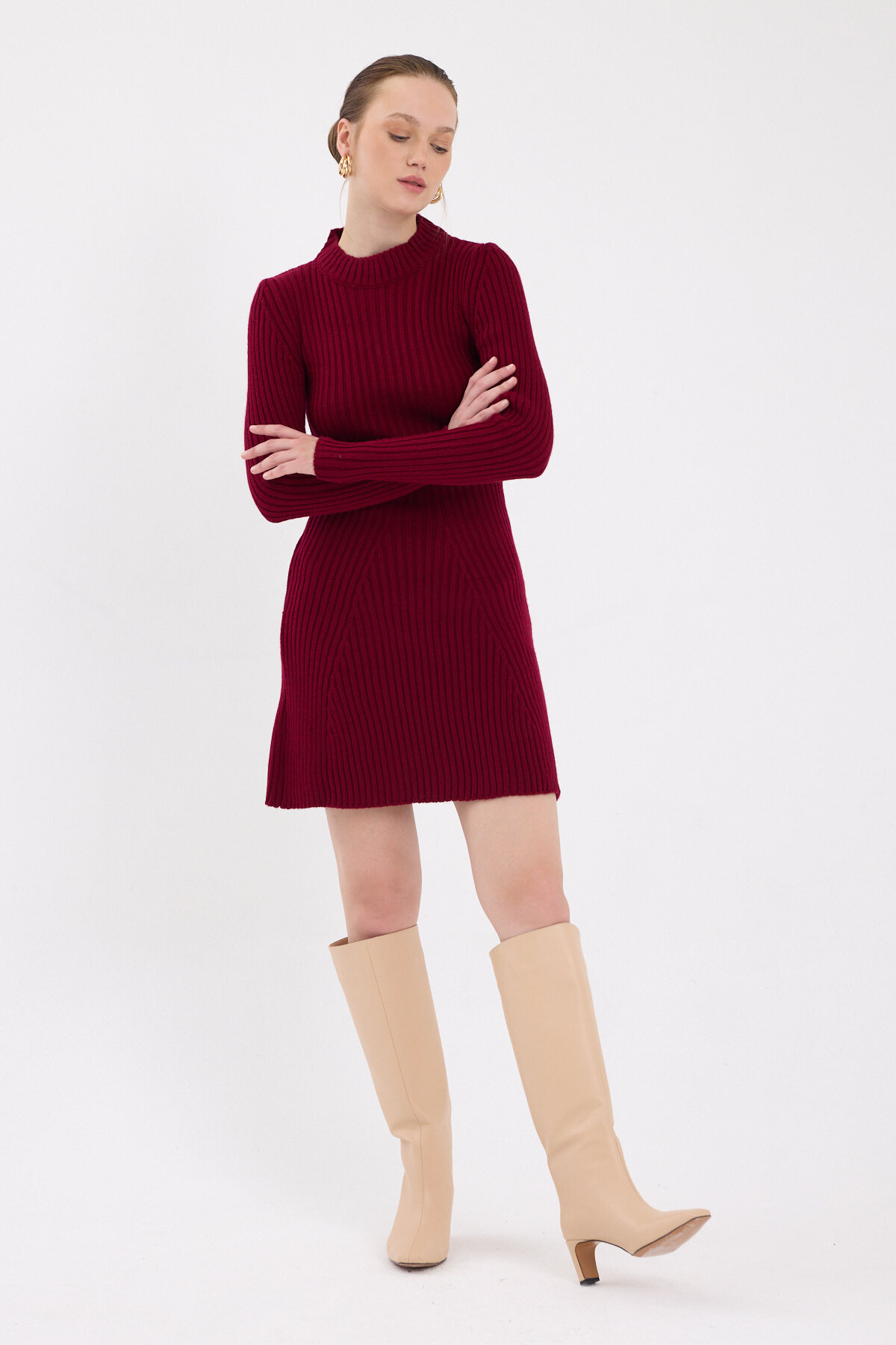 Bordo Balıkçı Yaka Triko Mini Elbise 1907 