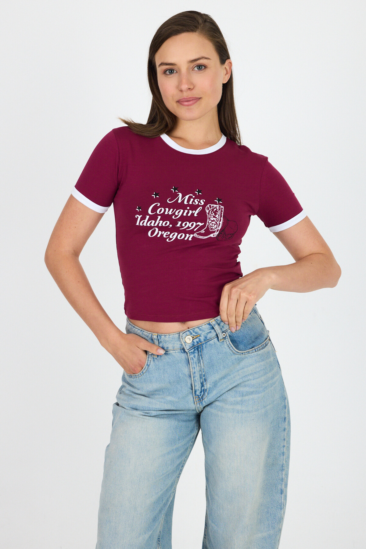 Bordo Baskılı Ribana Detaylı Pamuklu Crop Tişört 9191M - 2