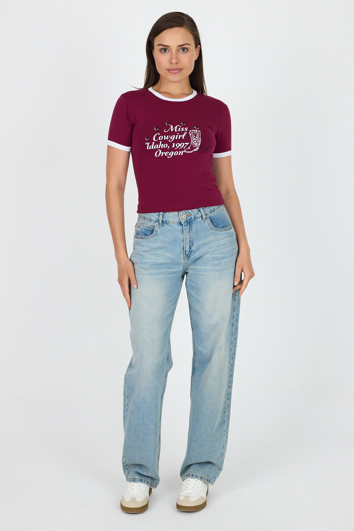 Bordo Baskılı Ribana Detaylı Pamuklu Crop Tişört 9191M - 3