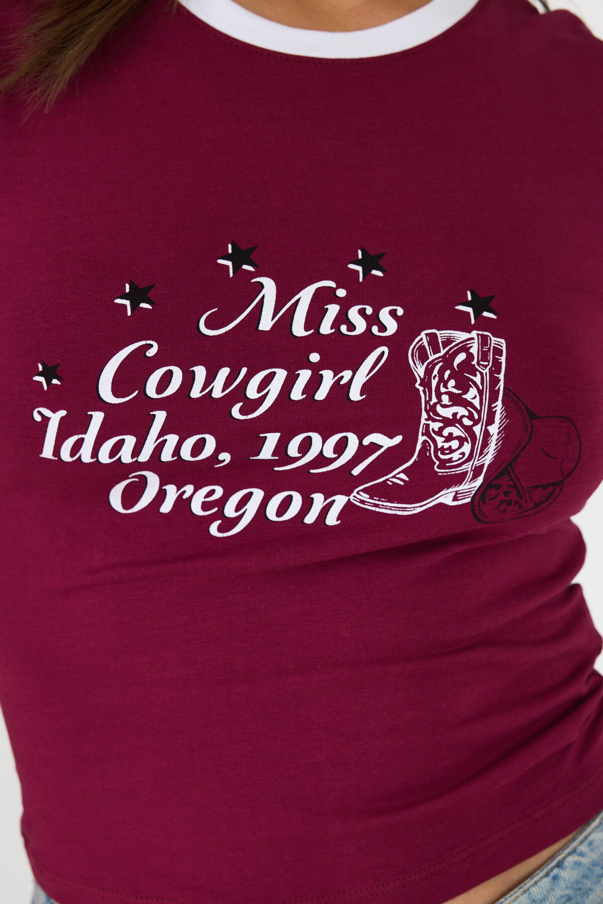 Bordo Baskılı Ribana Detaylı Pamuklu Crop Tişört 9191M - 4