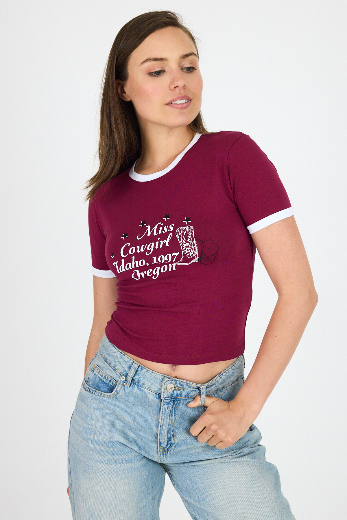 Bordo Baskılı Ribana Detaylı Pamuklu Crop Tişört 9191M - 6