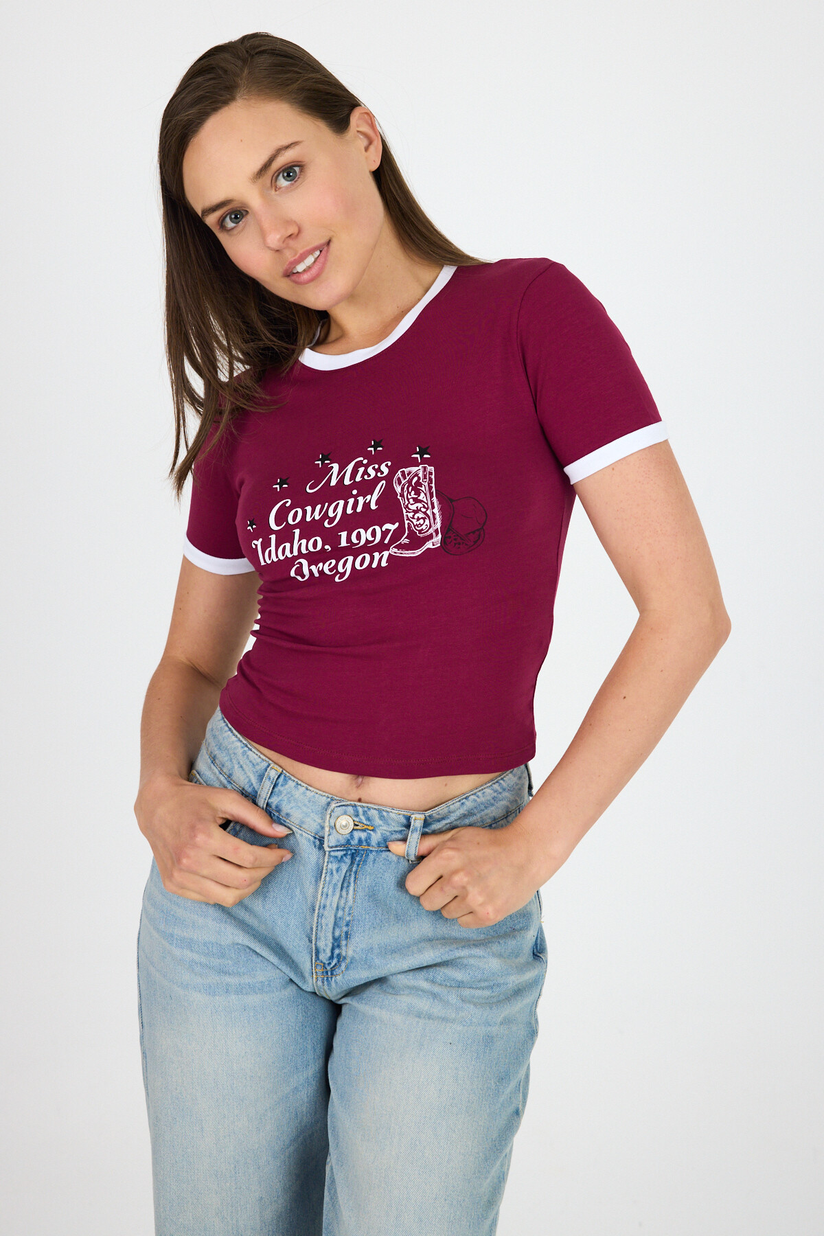 Bordo Baskılı Ribana Detaylı Pamuklu Crop Tişört 9191M - 7