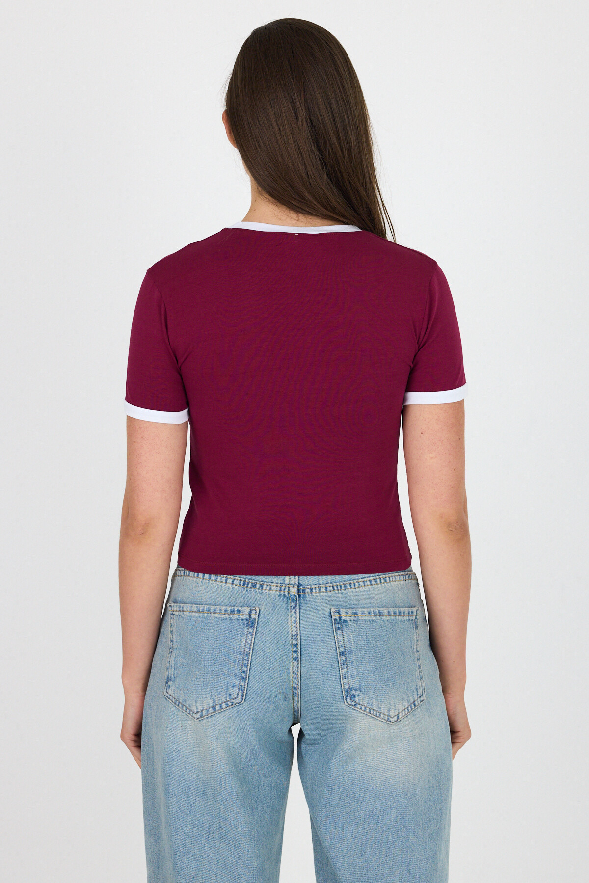 Bordo Baskılı Ribana Detaylı Pamuklu Crop Tişört 9191M - 5