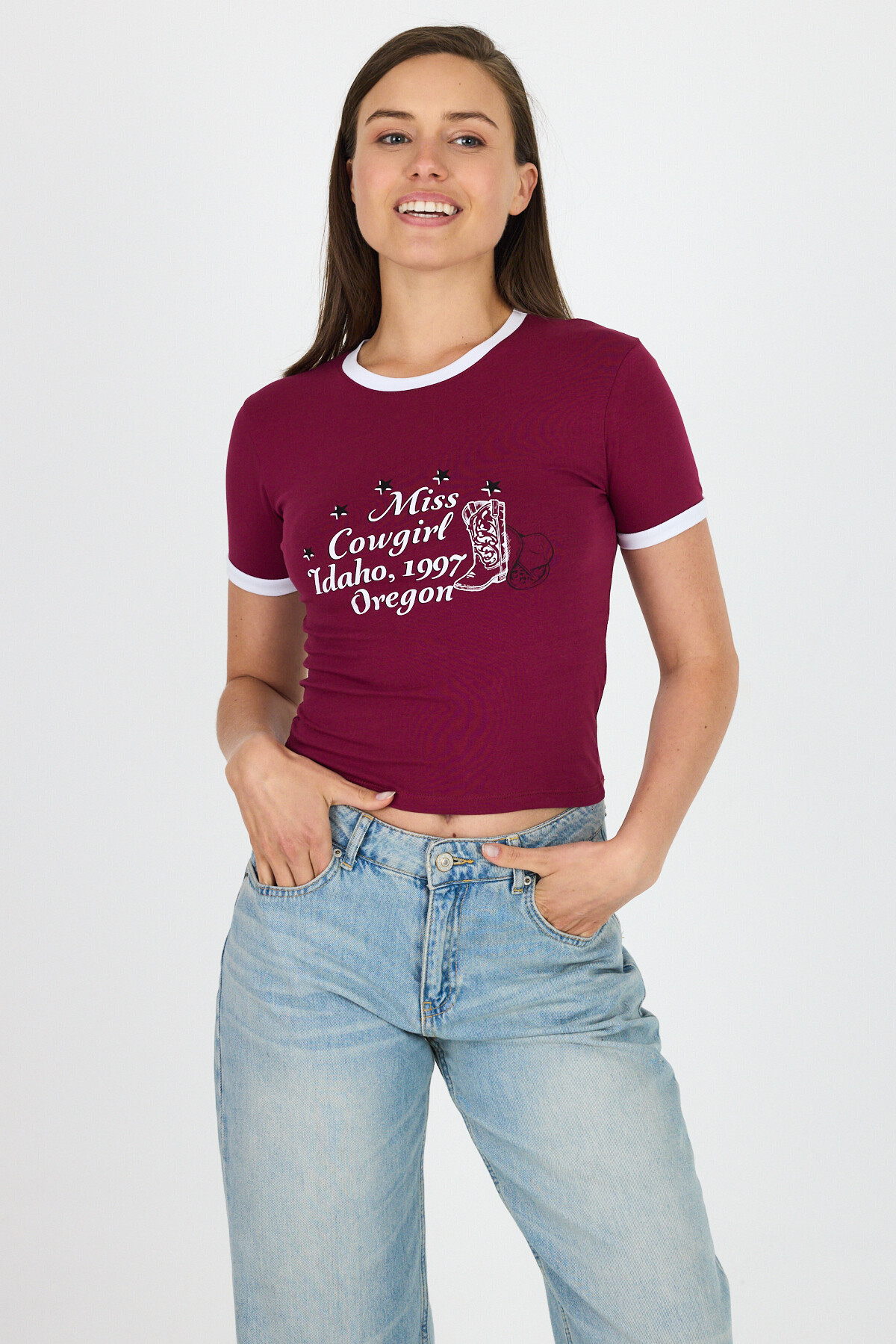 Bordo Baskılı Ribana Detaylı Pamuklu Crop Tişört 9191M - 1