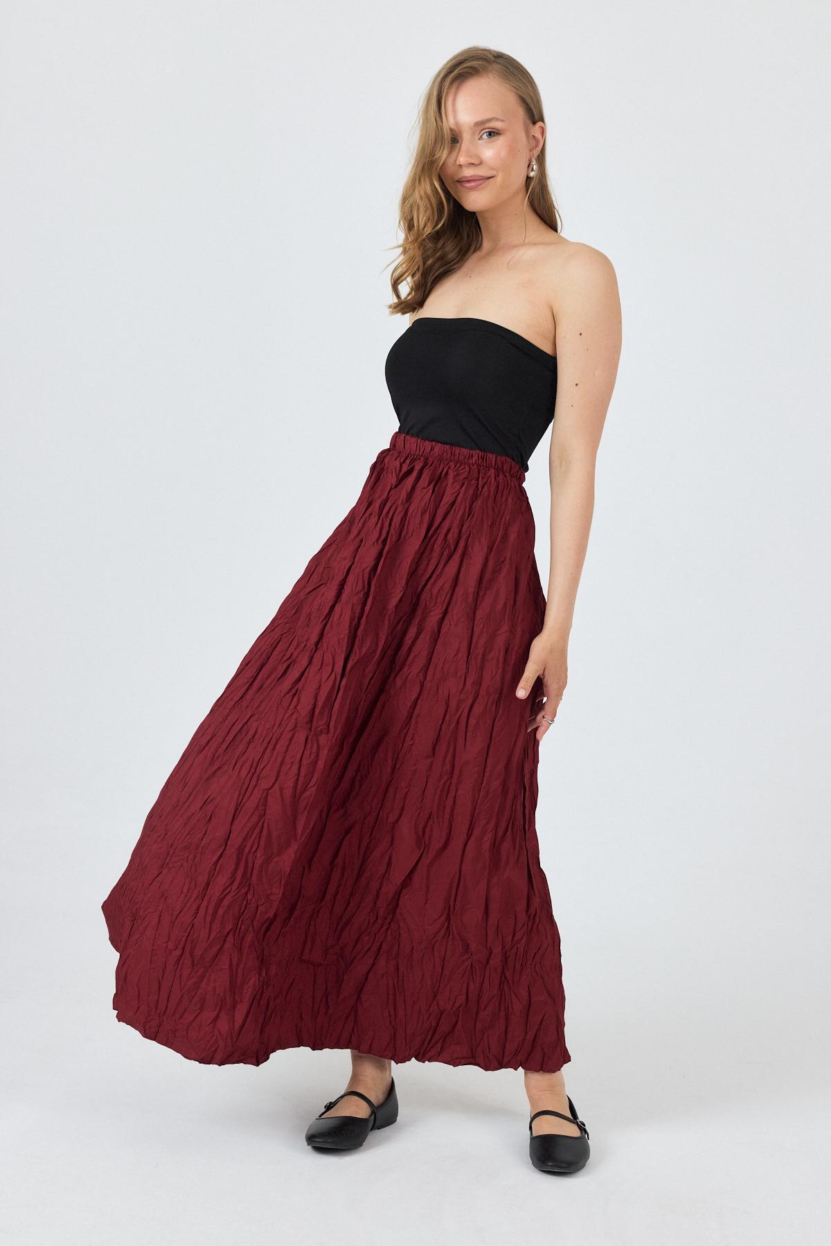 Bordo Bel Lastikli Kırışık Kumaş Etek 3483 