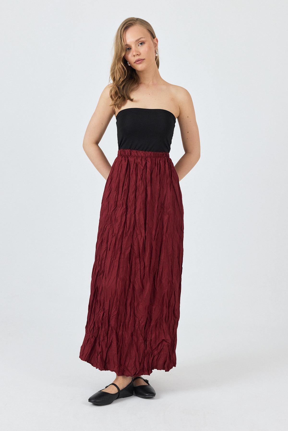 Bordo Bel Lastikli Kırışık Kumaş Etek 3483 - 2