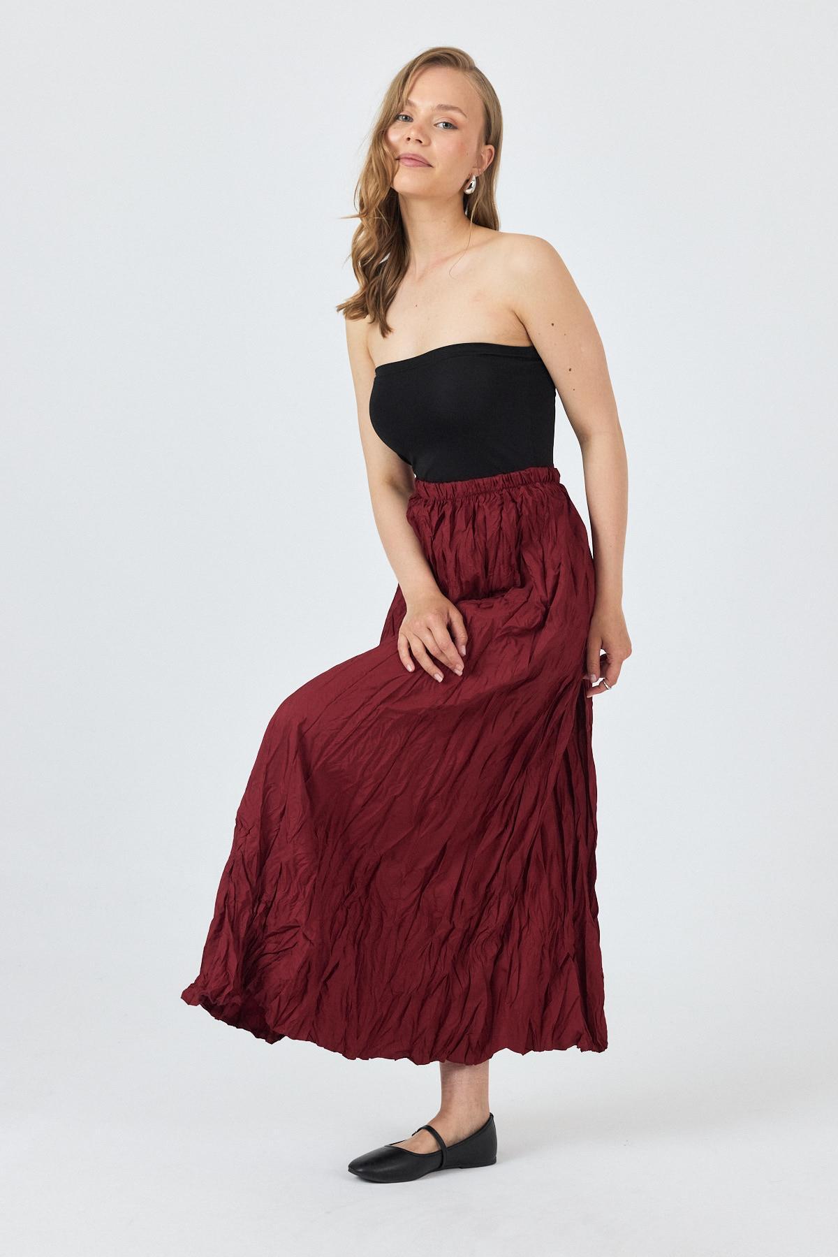 Bordo Bel Lastikli Kırışık Kumaş Etek 3483 - 6