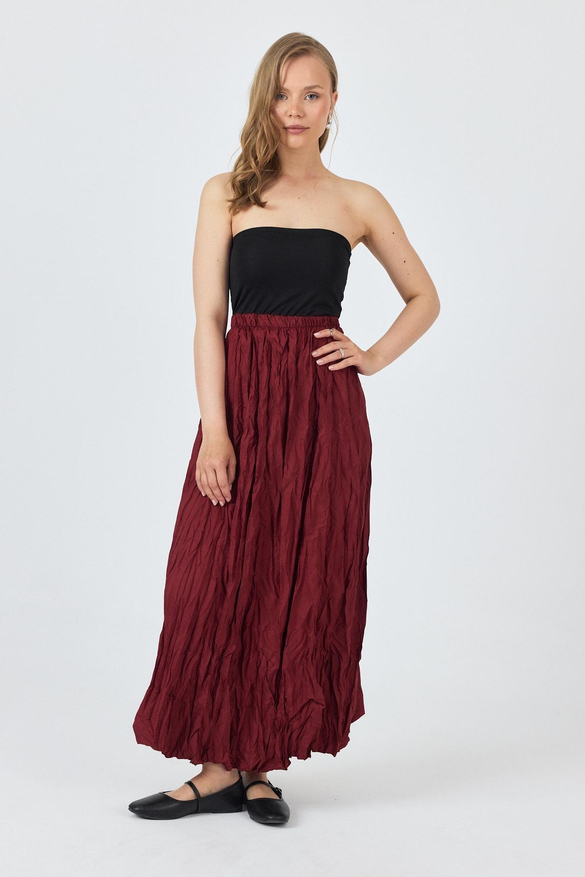 Bordo Bel Lastikli Kırışık Kumaş Etek 3483 - 7