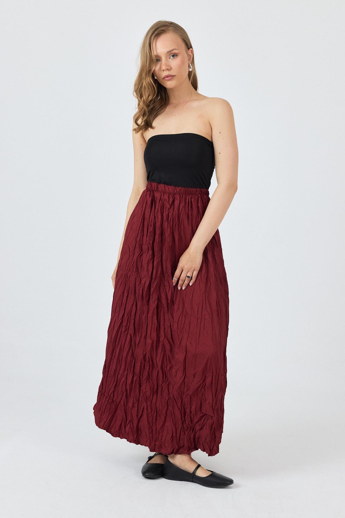 Bordo Bel Lastikli Kırışık Kumaş Etek 3483 - 8