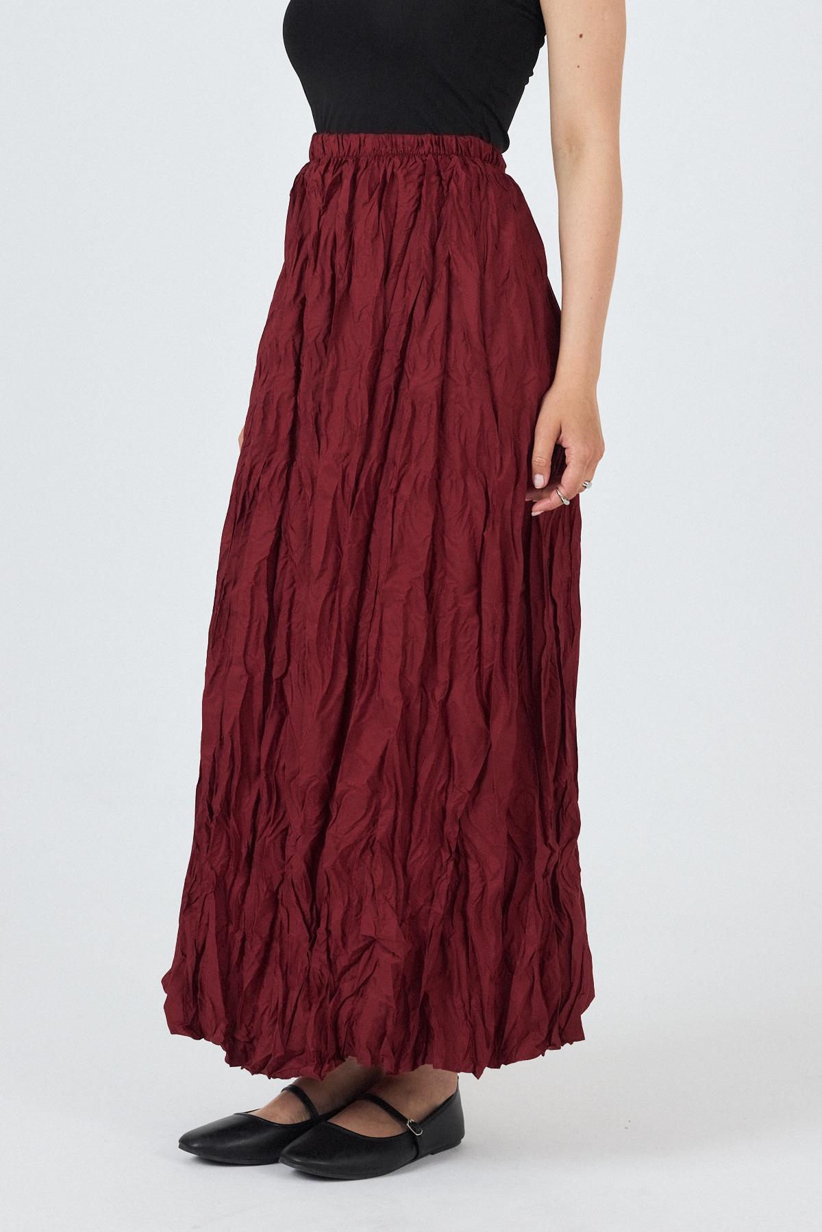 Bordo Bel Lastikli Kırışık Kumaş Etek 3483 - 4