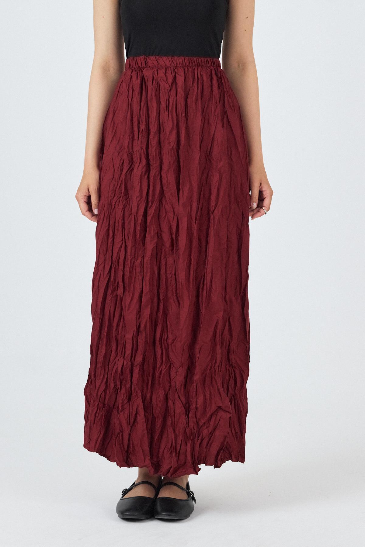 Bordo Bel Lastikli Kırışık Kumaş Etek 3483 - 3