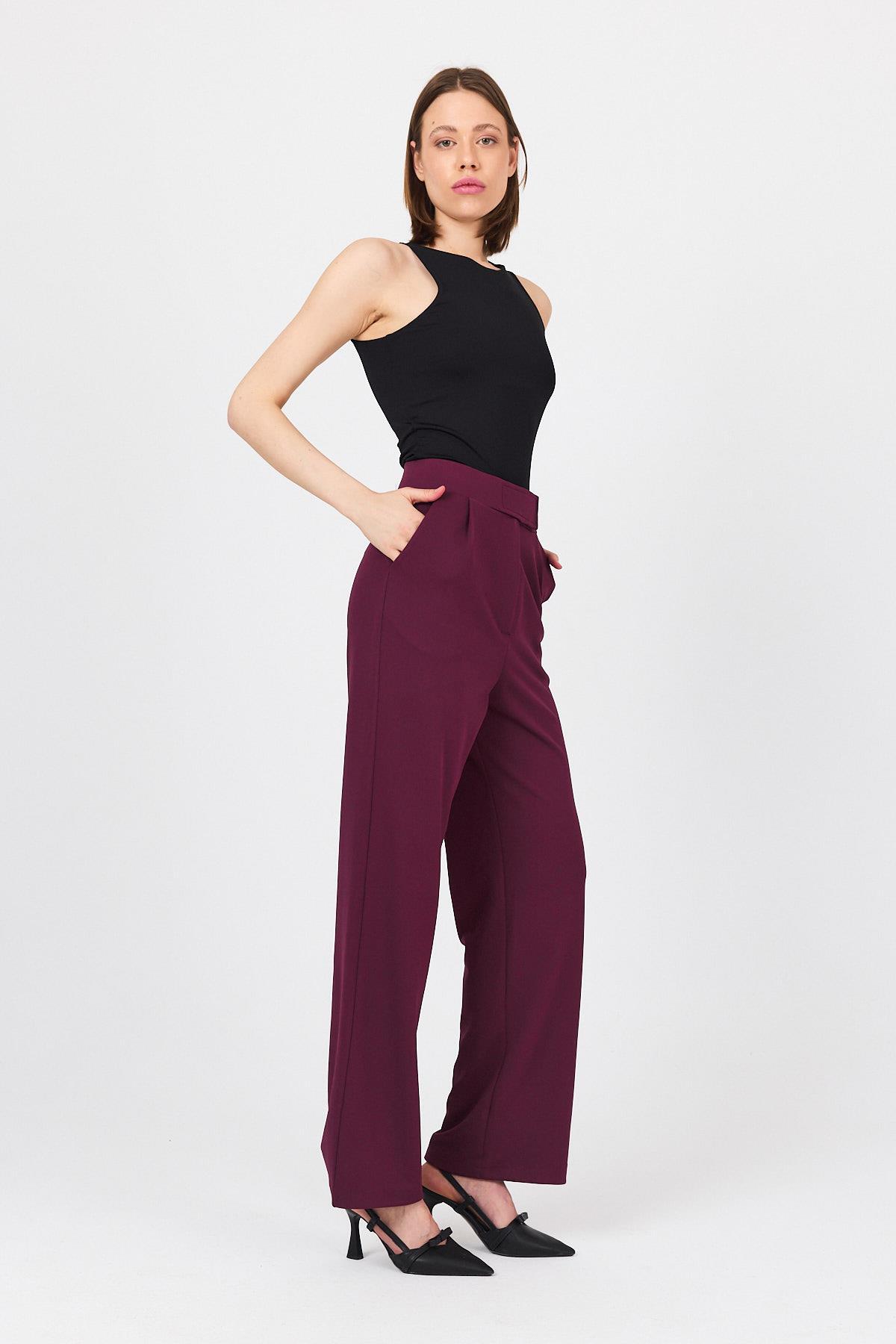 Bordo Beli Cırtlı Rahat Palazzo Pantolon 4055A - 8