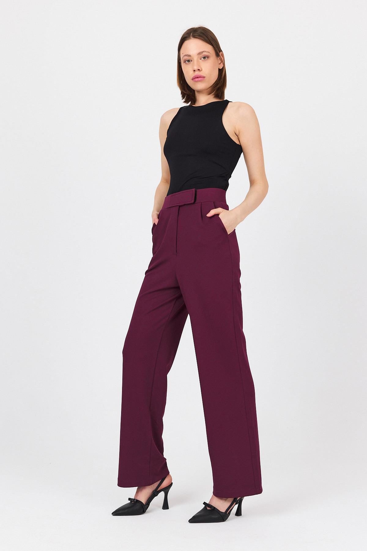 Bordo Beli Cırtlı Rahat Palazzo Pantolon 4055A - RAYS