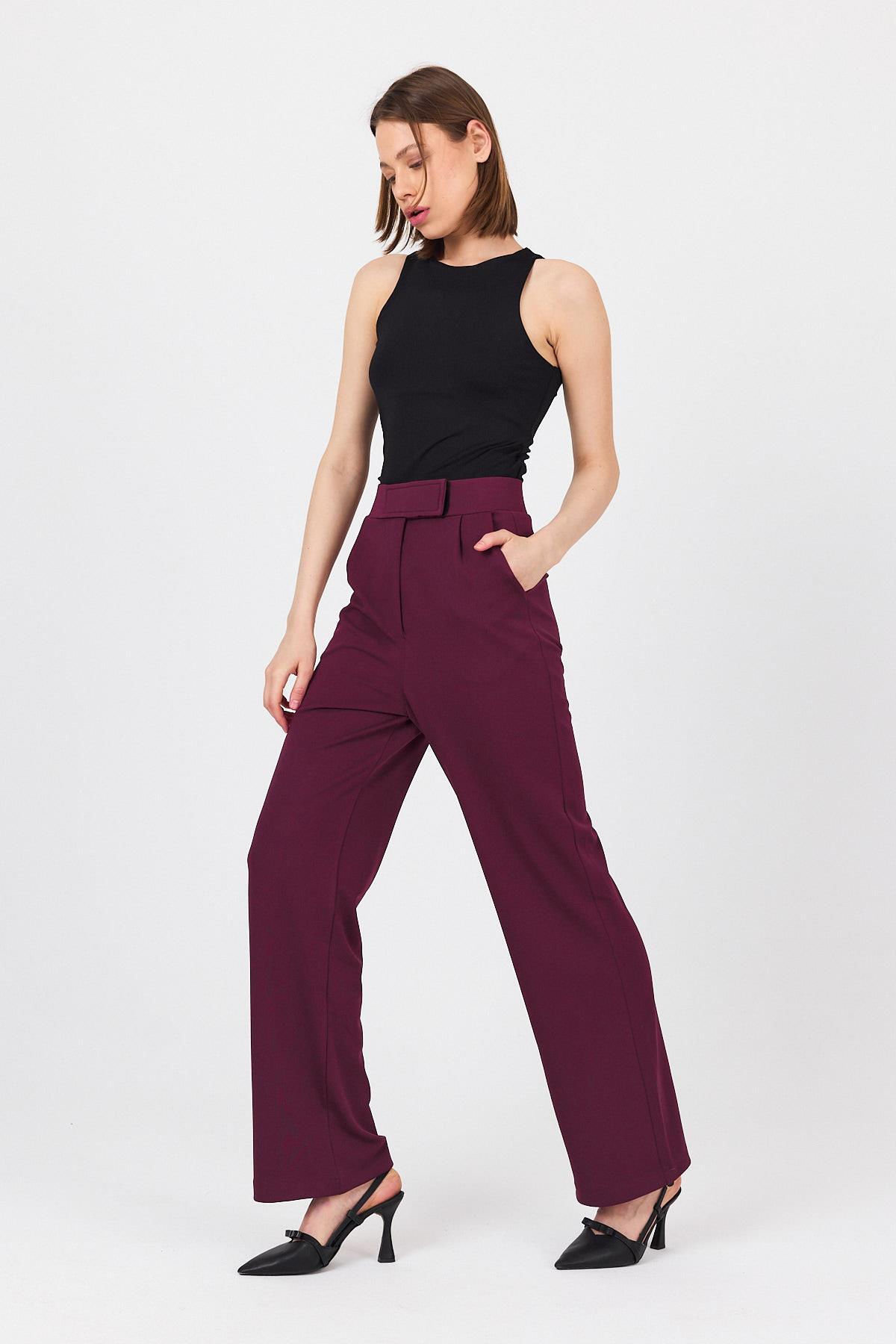 Bordo Beli Cırtlı Rahat Palazzo Pantolon 4055A 