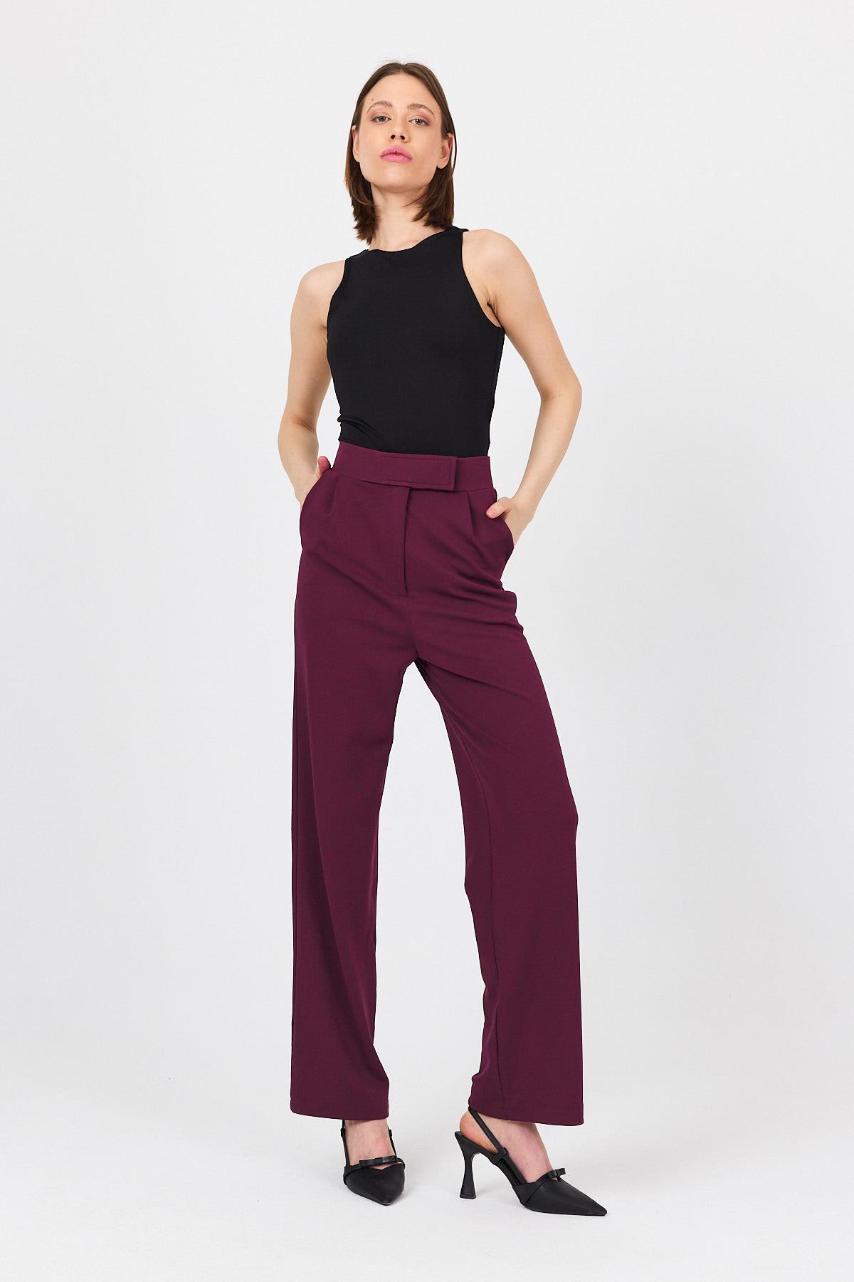 Bordo Beli Cırtlı Rahat Palazzo Pantolon 4055A - 2