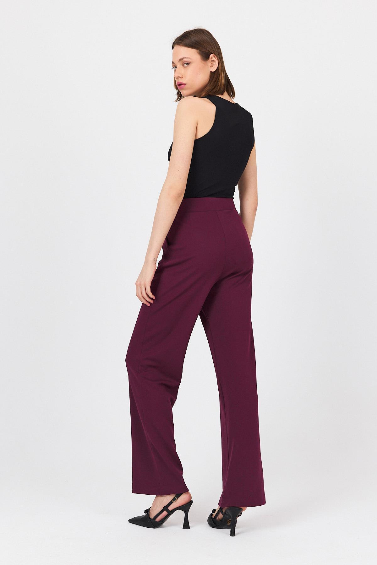 Bordo Beli Cırtlı Rahat Palazzo Pantolon 4055A - 5