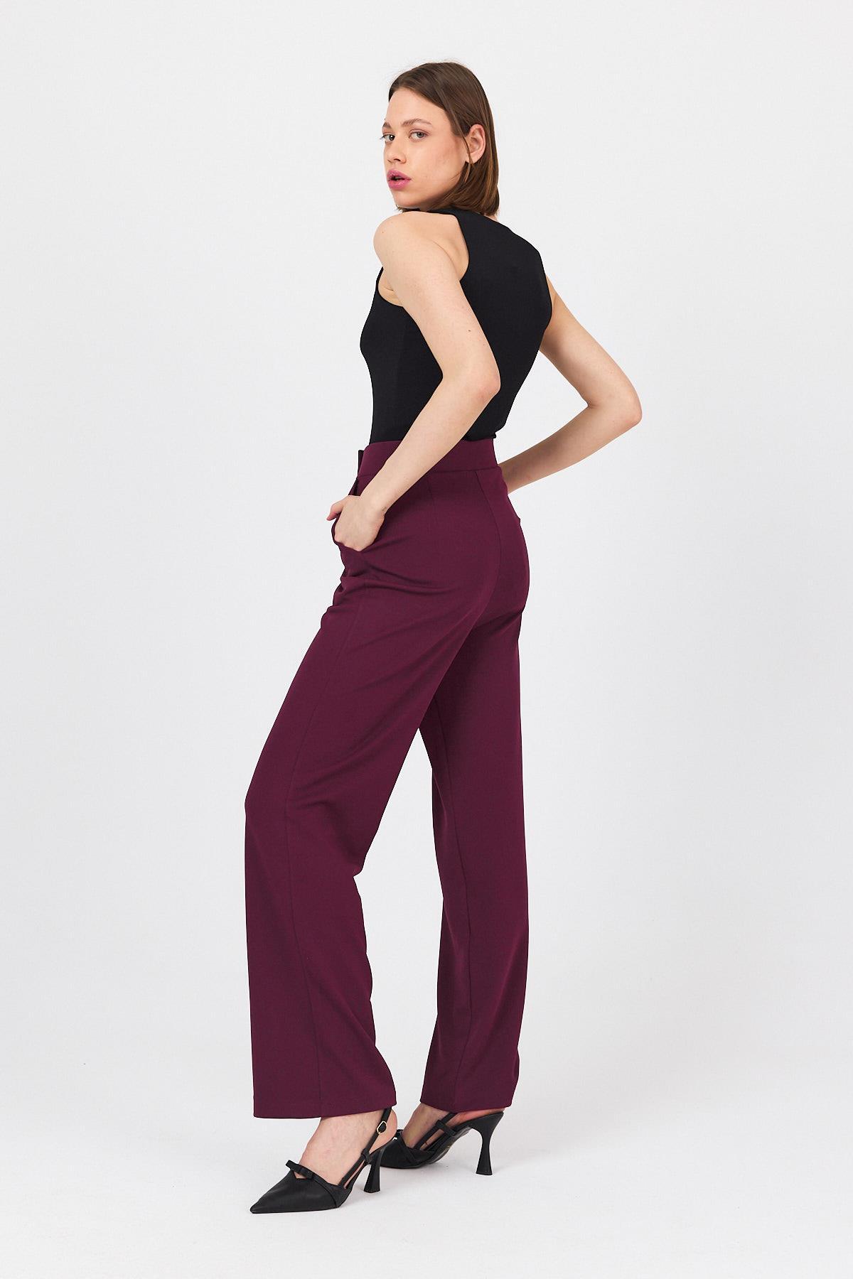 Bordo Beli Cırtlı Rahat Palazzo Pantolon 4055A - 6