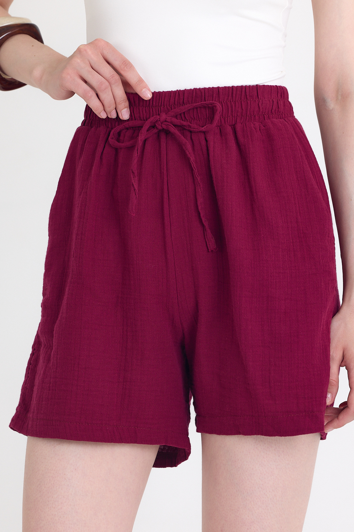 Bordo Beli Lastikli %100 Pamuk Müslin Şort 4796A - 4