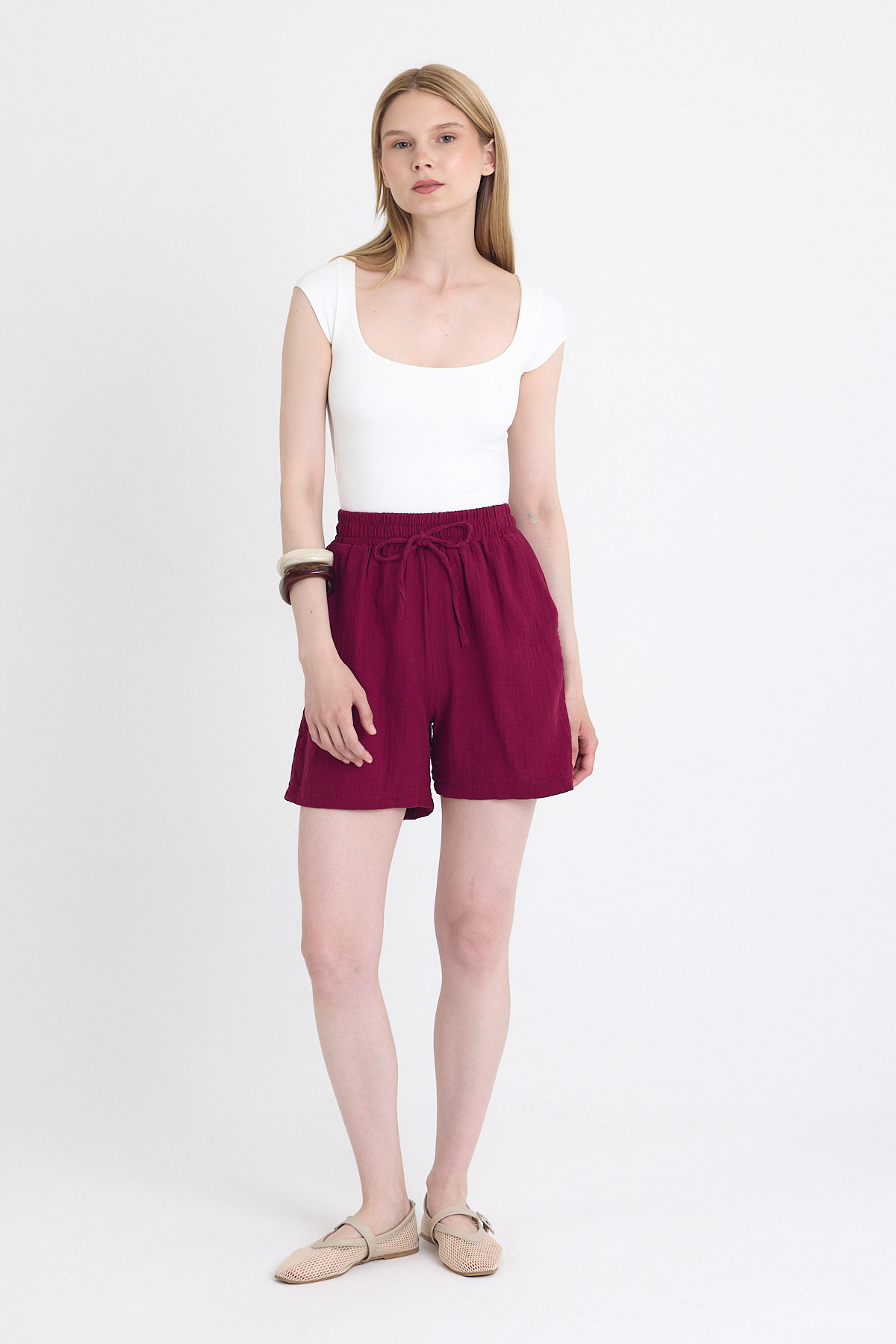 Bordo Beli Lastikli %100 Pamuk Müslin Şort 4769A 