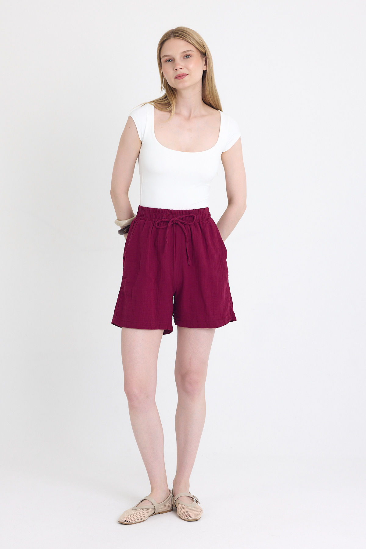 Bordo Beli Lastikli %100 Pamuk Müslin Şort 4769A - 3