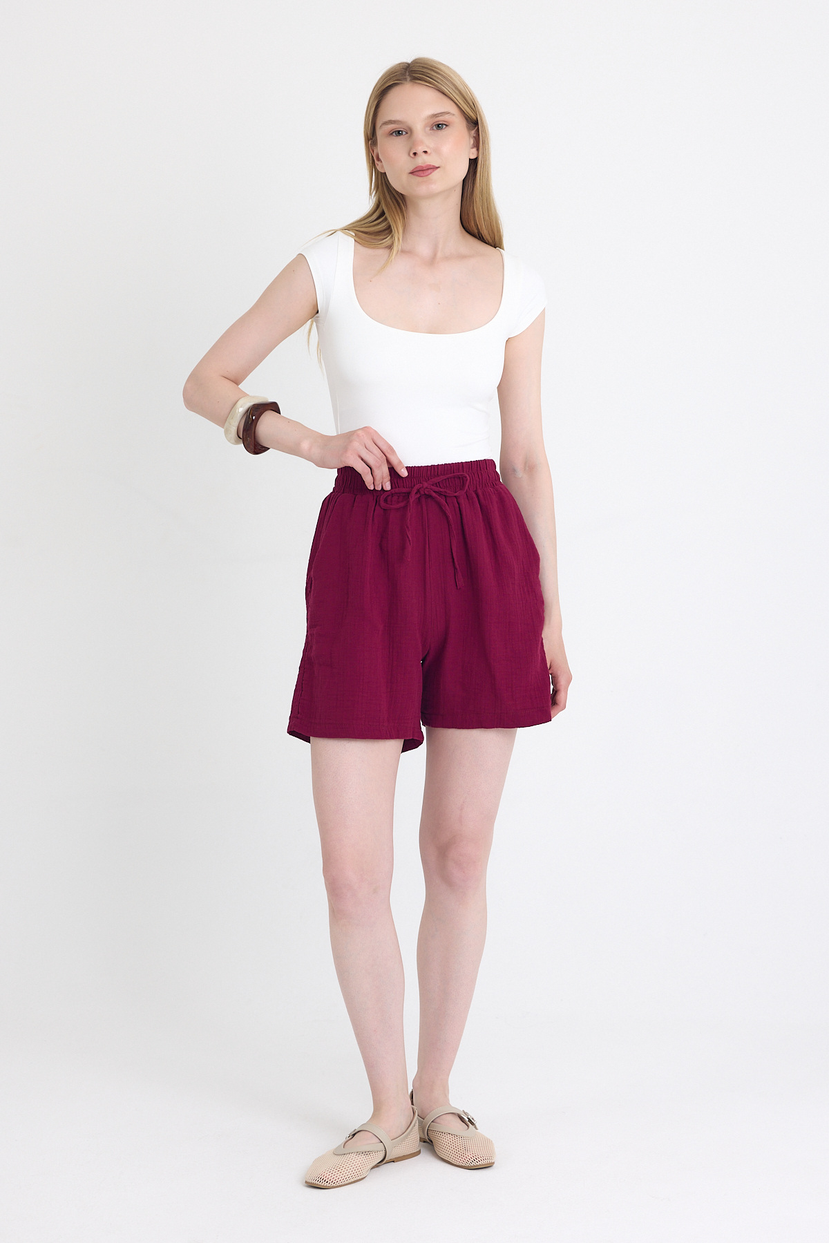 Bordo Beli Lastikli %100 Pamuk Müslin Şort 4769A - 7