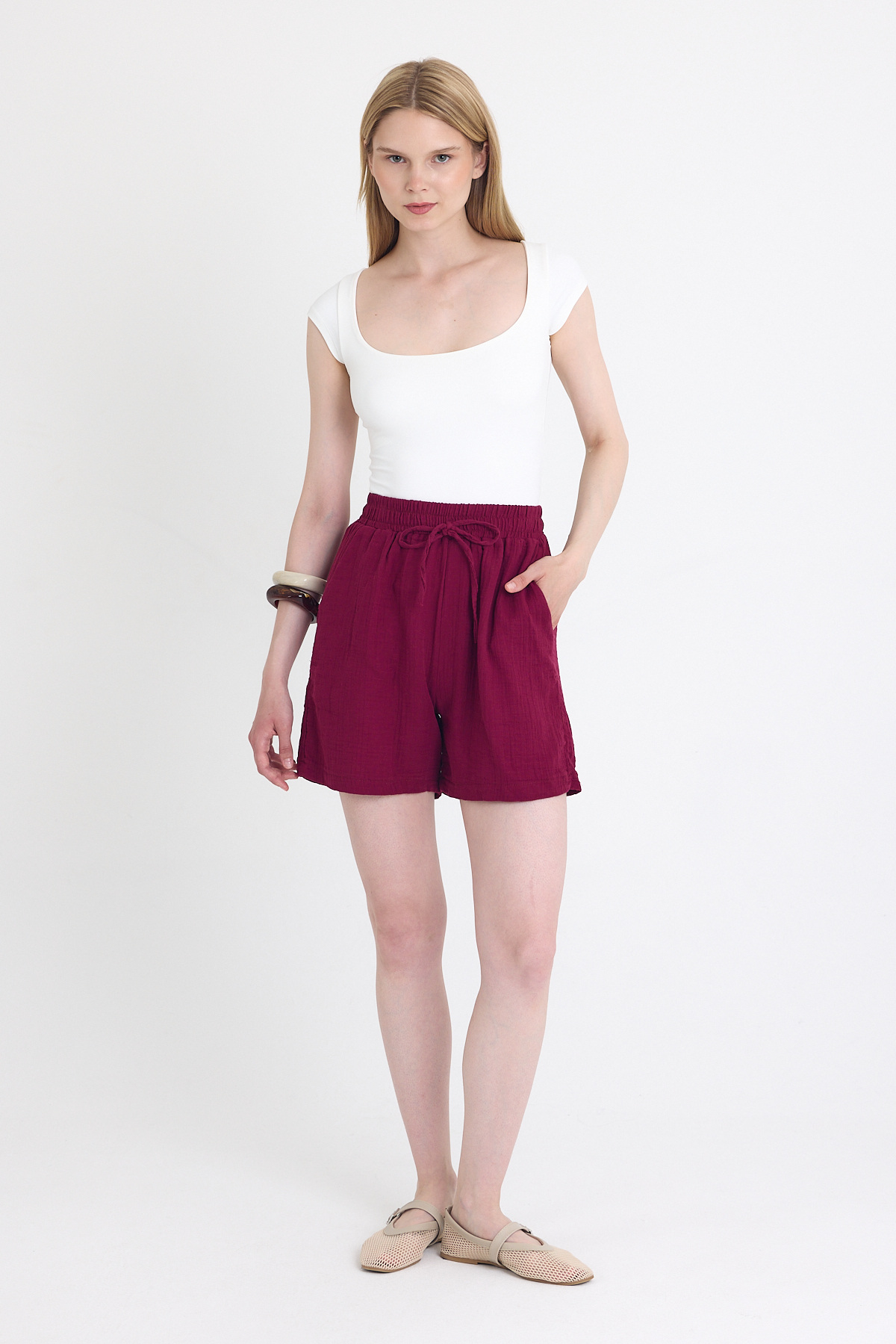 Bordo Beli Lastikli %100 Pamuk Müslin Şort 4769A - RAYS (1)