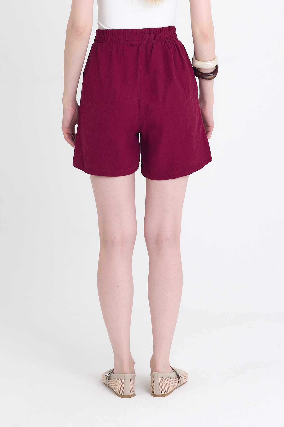 Bordo Beli Lastikli %100 Pamuk Müslin Şort 4769A - 5