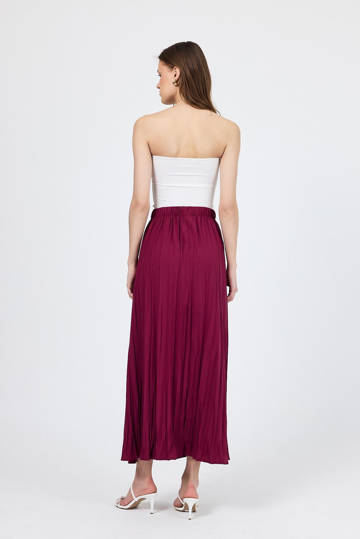 Bordo Beli Lastikli Kırışık Kumaş Etek 4692A - 5