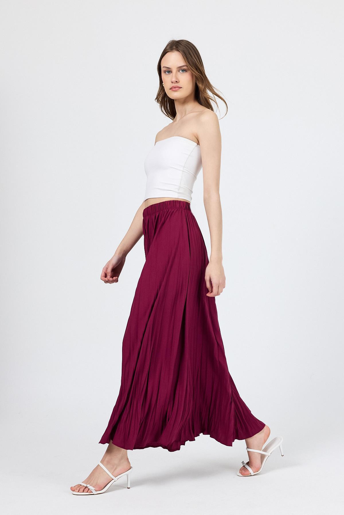 Bordo Beli Lastikli Kırışık Kumaş Etek 4692A 