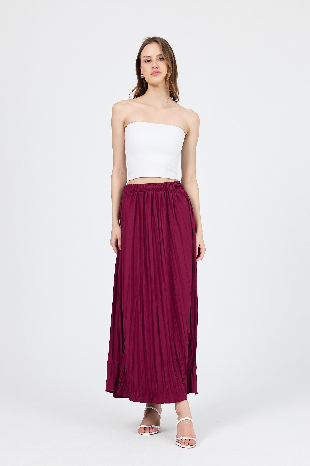 Bordo Beli Lastikli Kırışık Kumaş Etek 4692A - 2