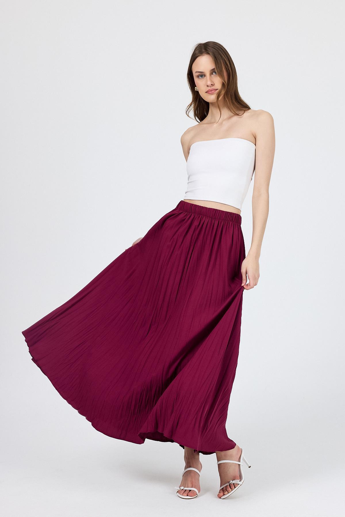 Bordo Beli Lastikli Kırışık Kumaş Etek 4692A - 6