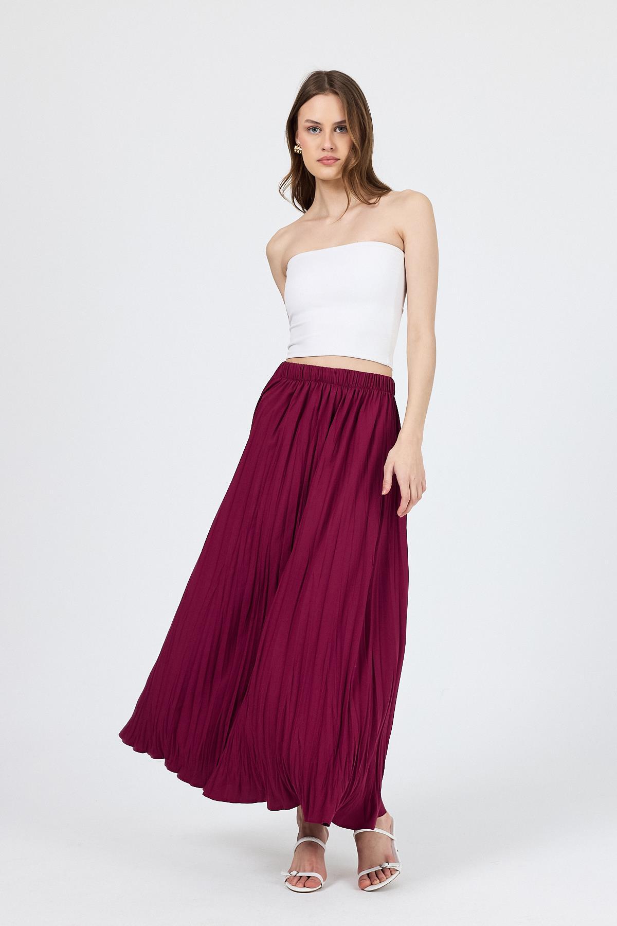 Bordo Beli Lastikli Kırışık Kumaş Etek 4692A - 8