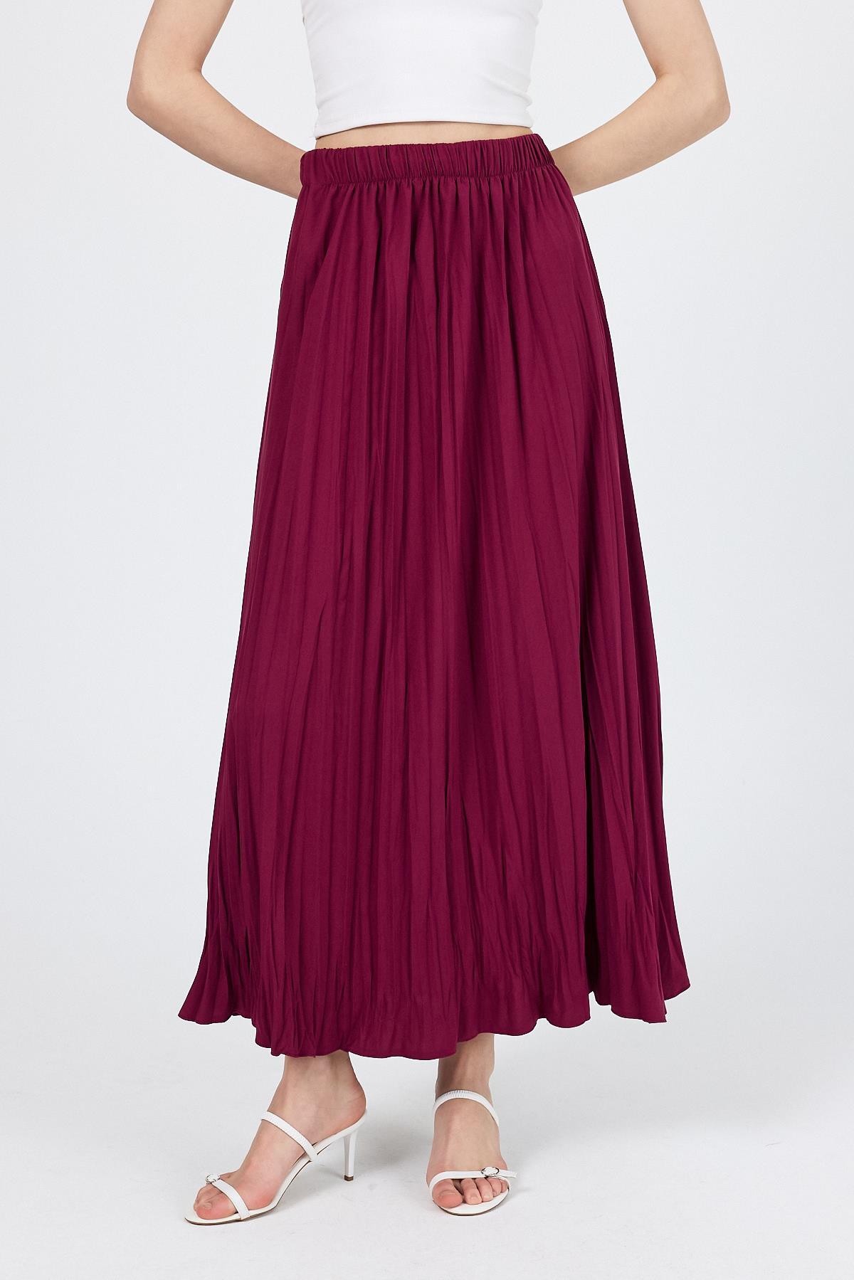 Bordo Beli Lastikli Kırışık Kumaş Etek 4692A - 3