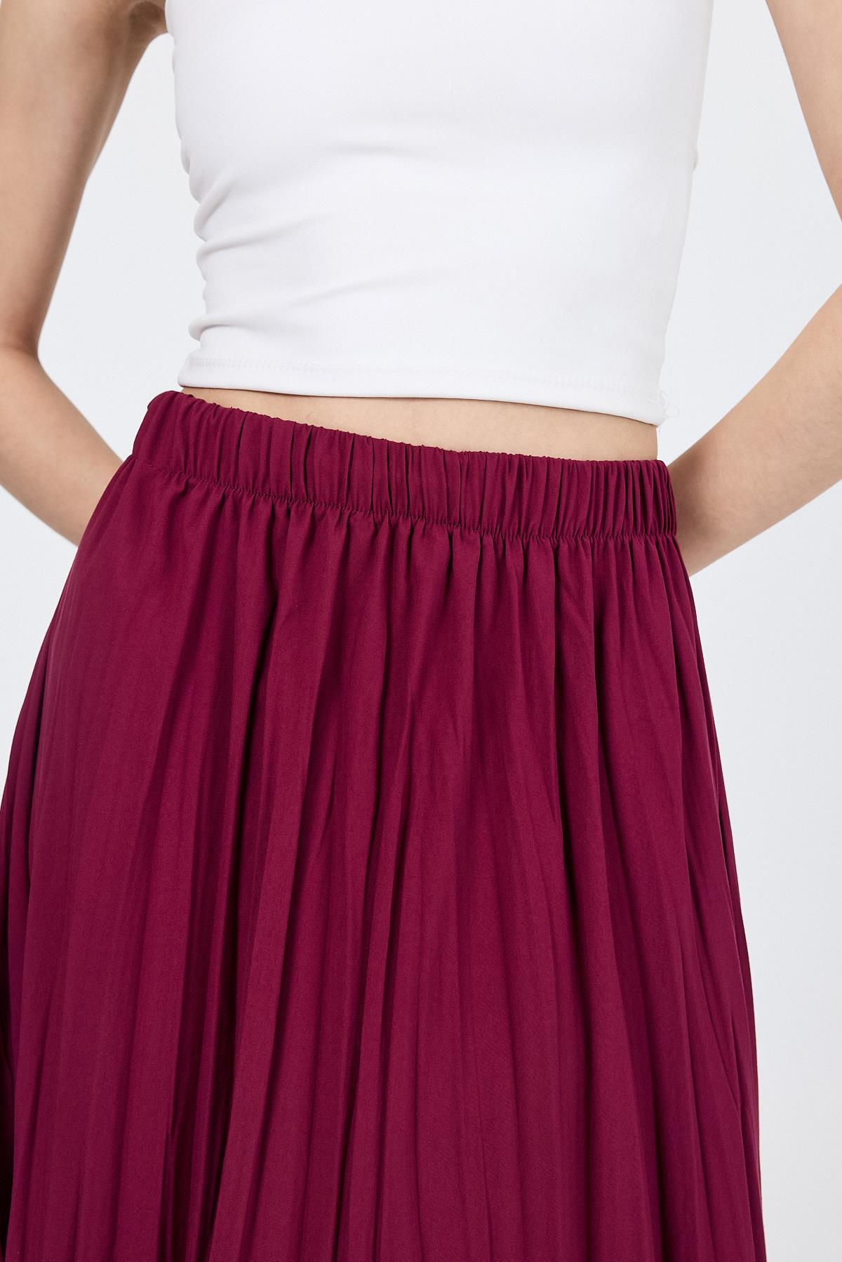 Bordo Beli Lastikli Kırışık Kumaş Etek 4692A - 4