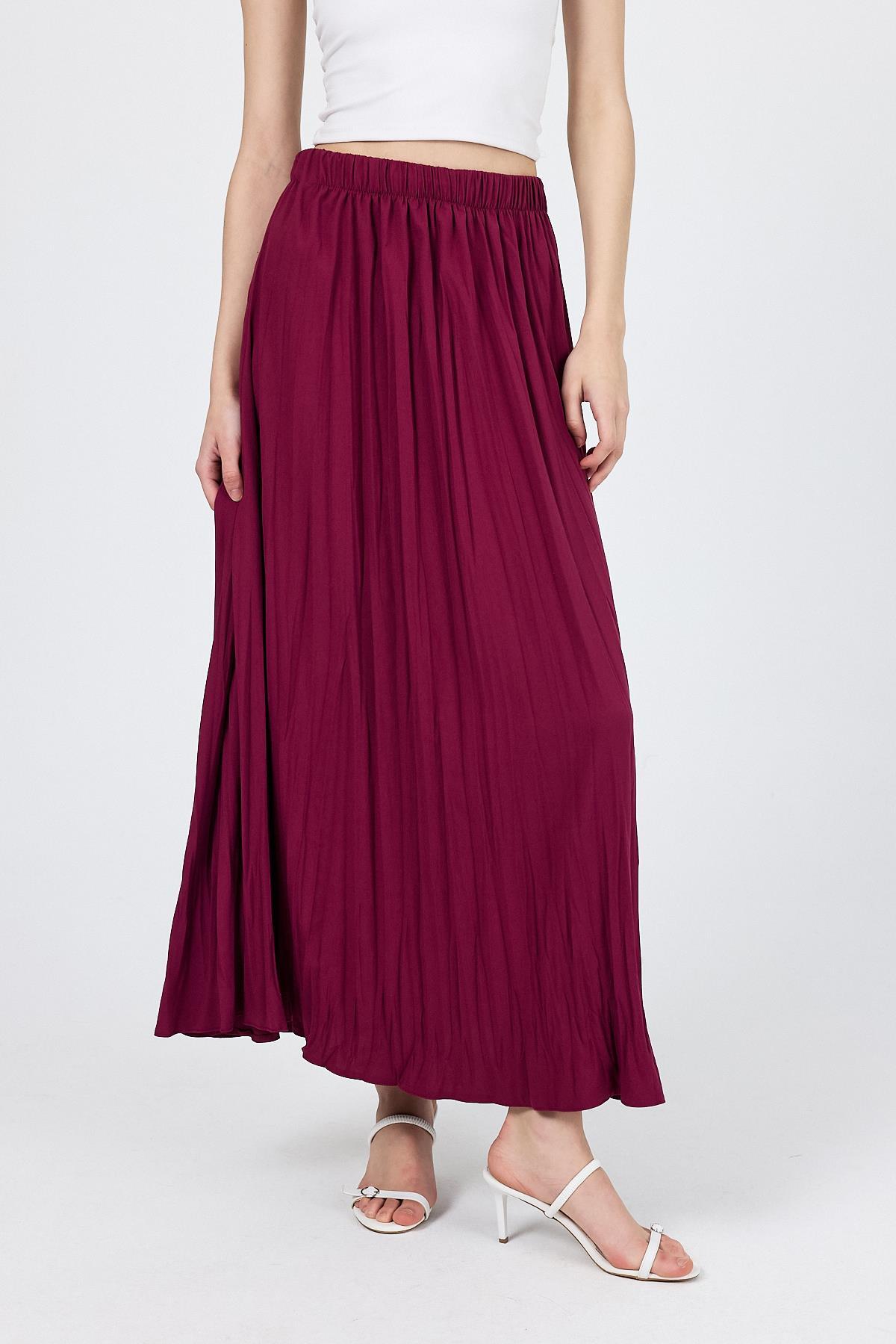 Bordo Beli Lastikli Kırışık Kumaş Etek 4692A - 7