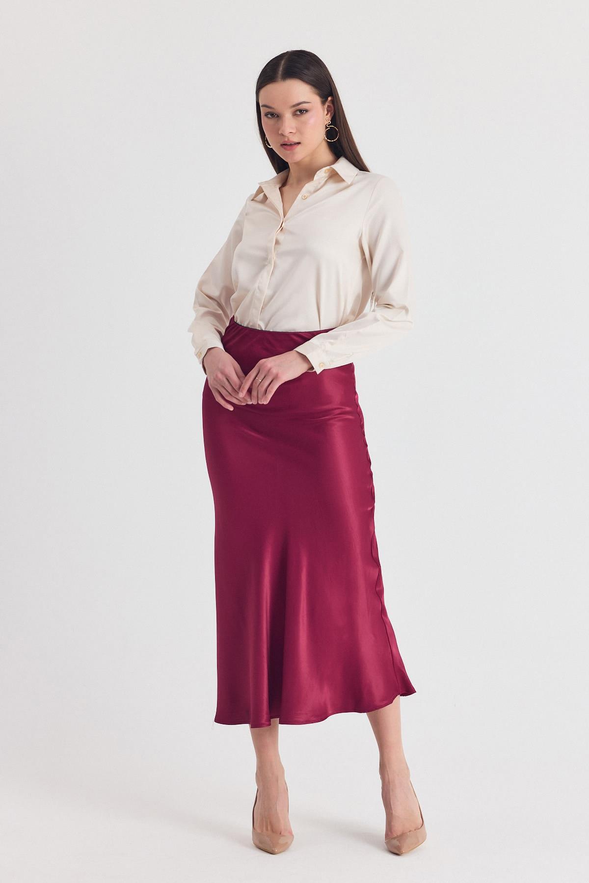 Bordo Beli Lastikli Saten Midi Etek 9427 - 1