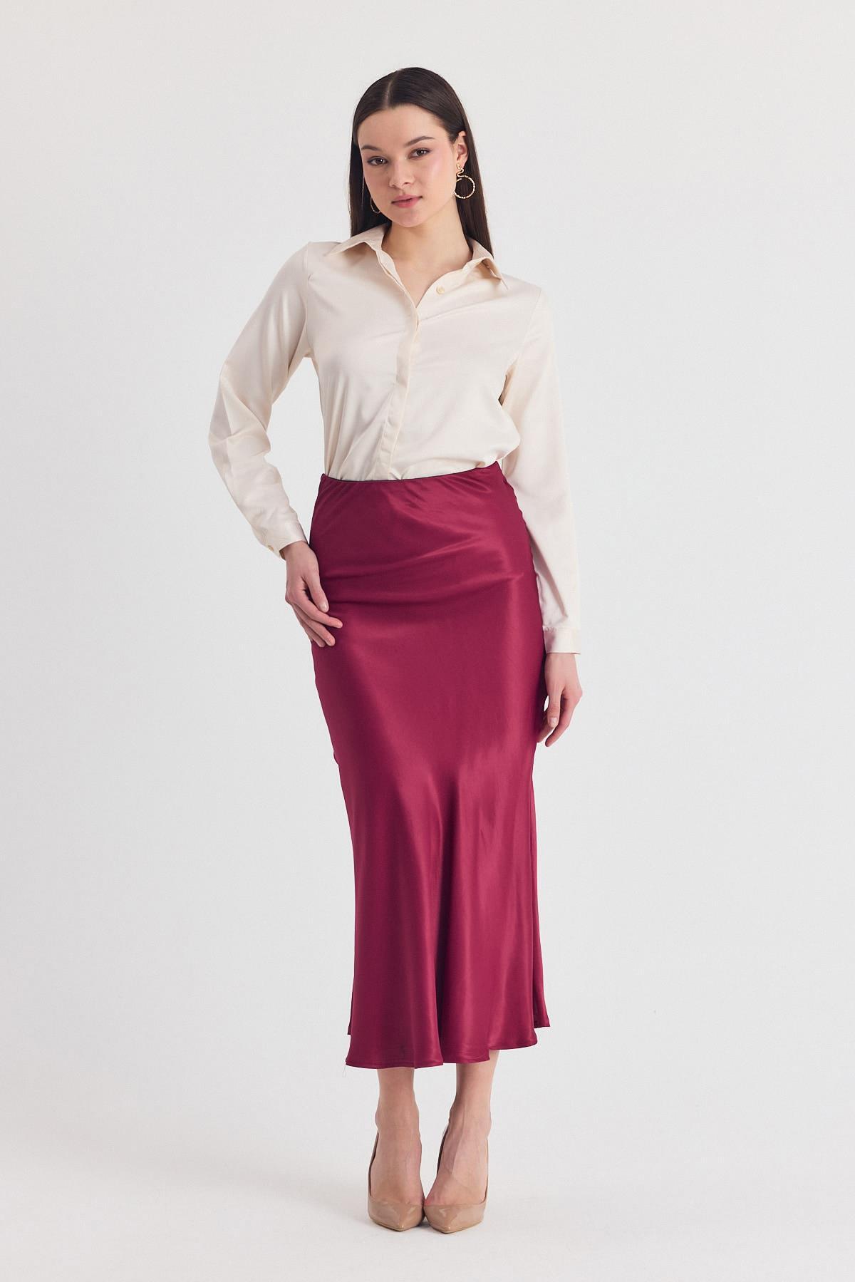 Bordo Beli Lastikli Saten Midi Etek 9427 - 4