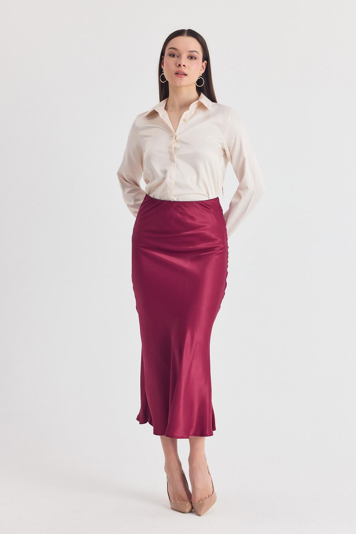 Bordo Beli Lastikli Saten Midi Etek 9427 - RAYS